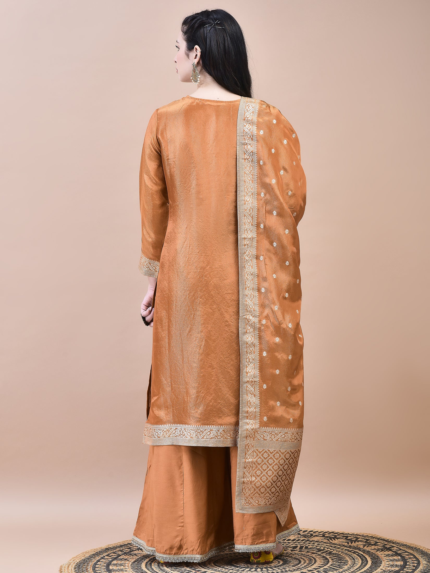 Women Dola Jacquard Rust Solid Kurta Sharara Dupatta