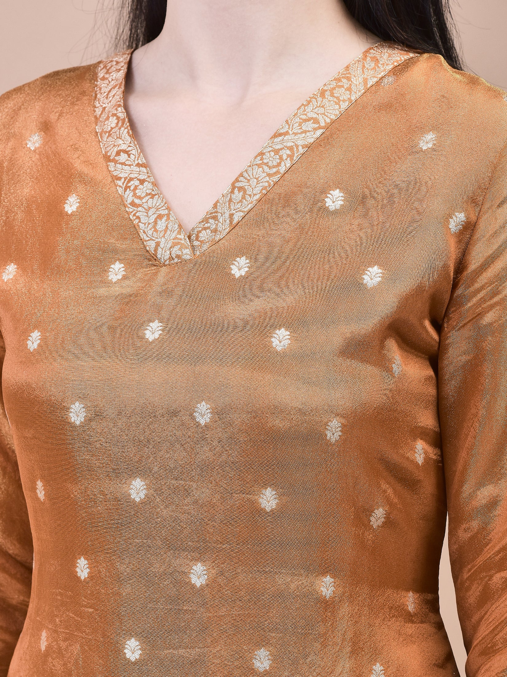 Women Dola Jacquard Rust Solid Kurta Sharara Dupatta