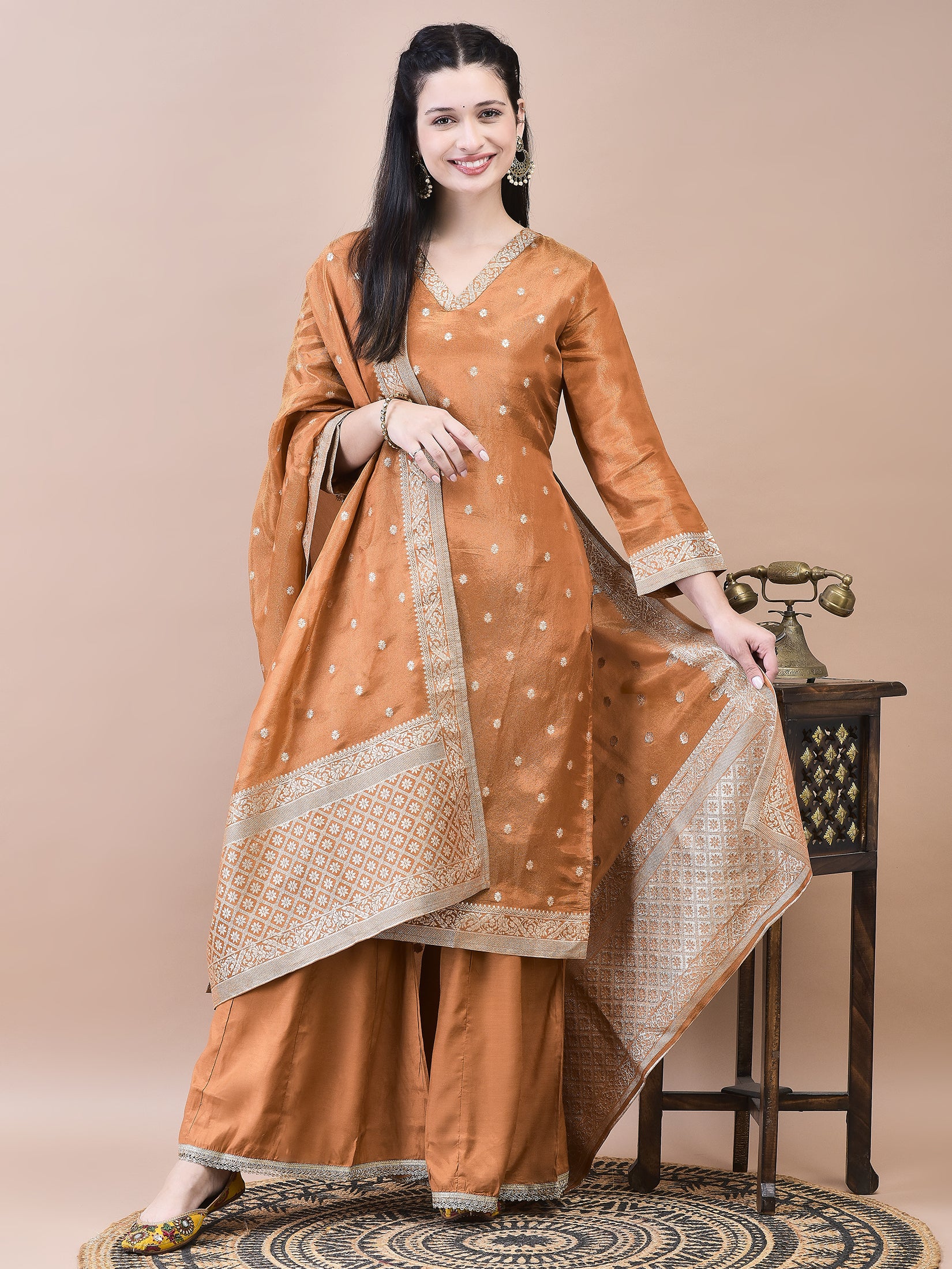 Women Dola Jacquard Rust Solid Kurta Sharara Dupatta