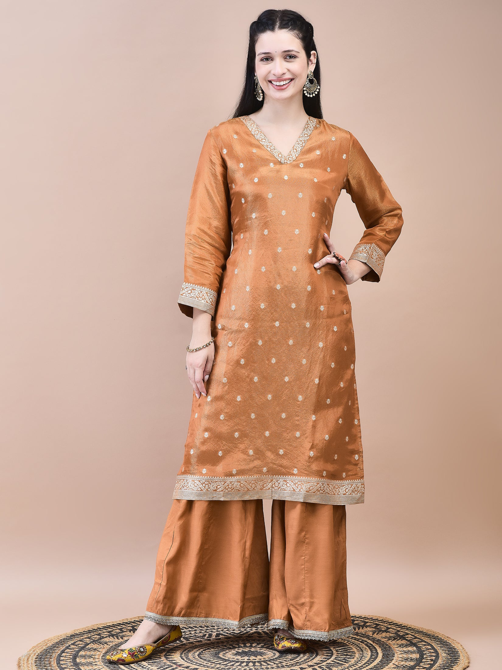 Women Dola Jacquard Rust Solid Kurta Sharara Dupatta