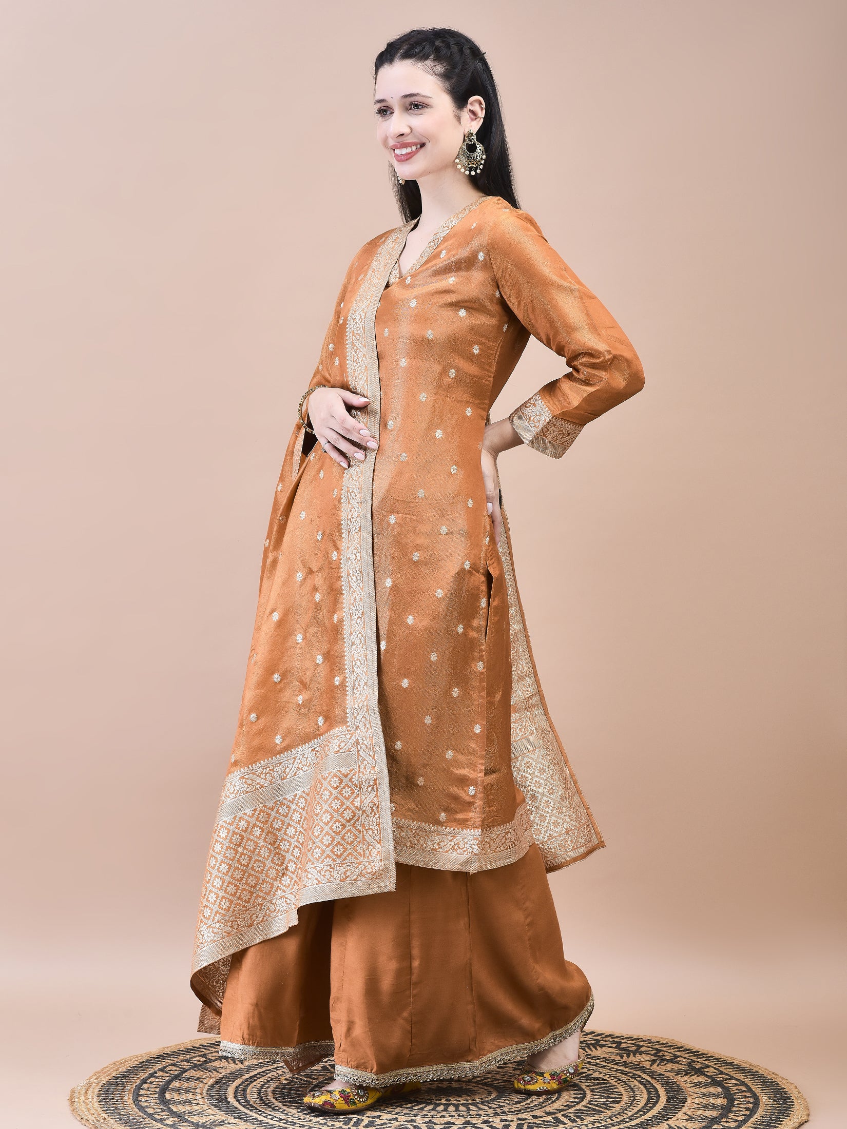 Women Dola Jacquard Rust Solid Kurta Sharara Dupatta