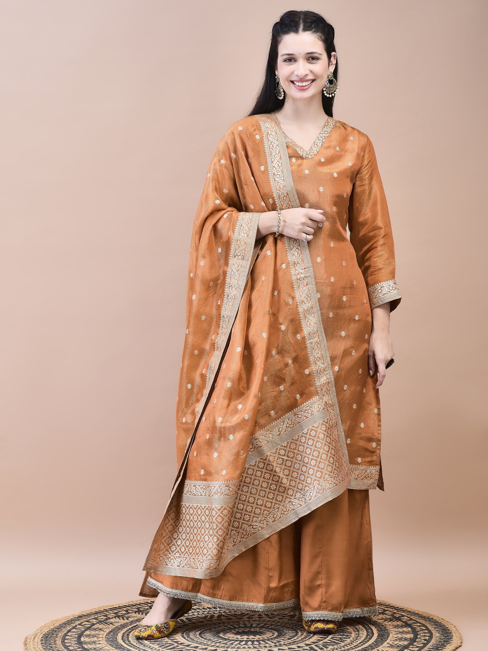 Women Dola Jacquard Rust Solid Kurta Sharara Dupatta