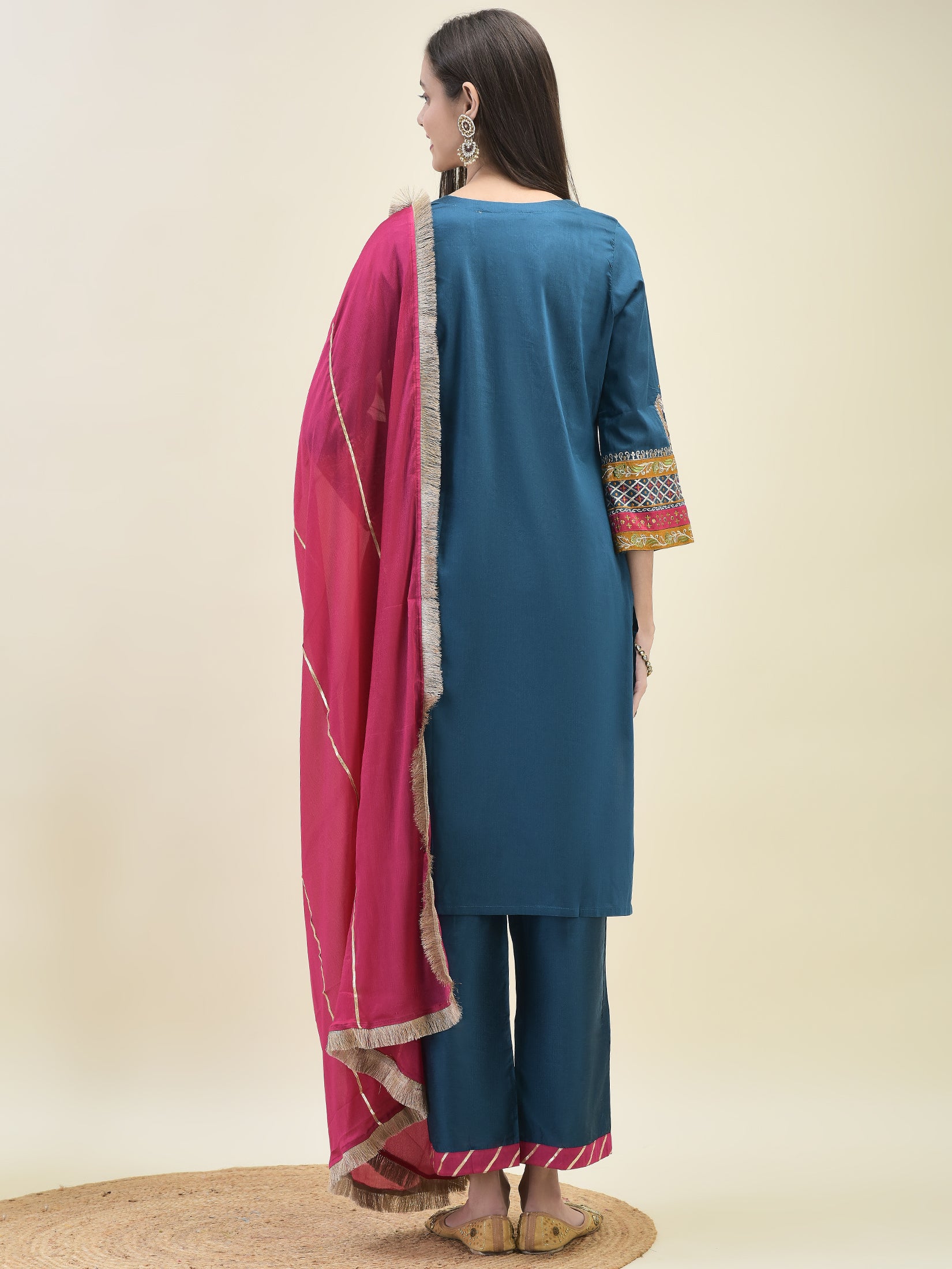 Women Poly Viscose Blue Embroidered Kurta Comfort Pant Dupatta