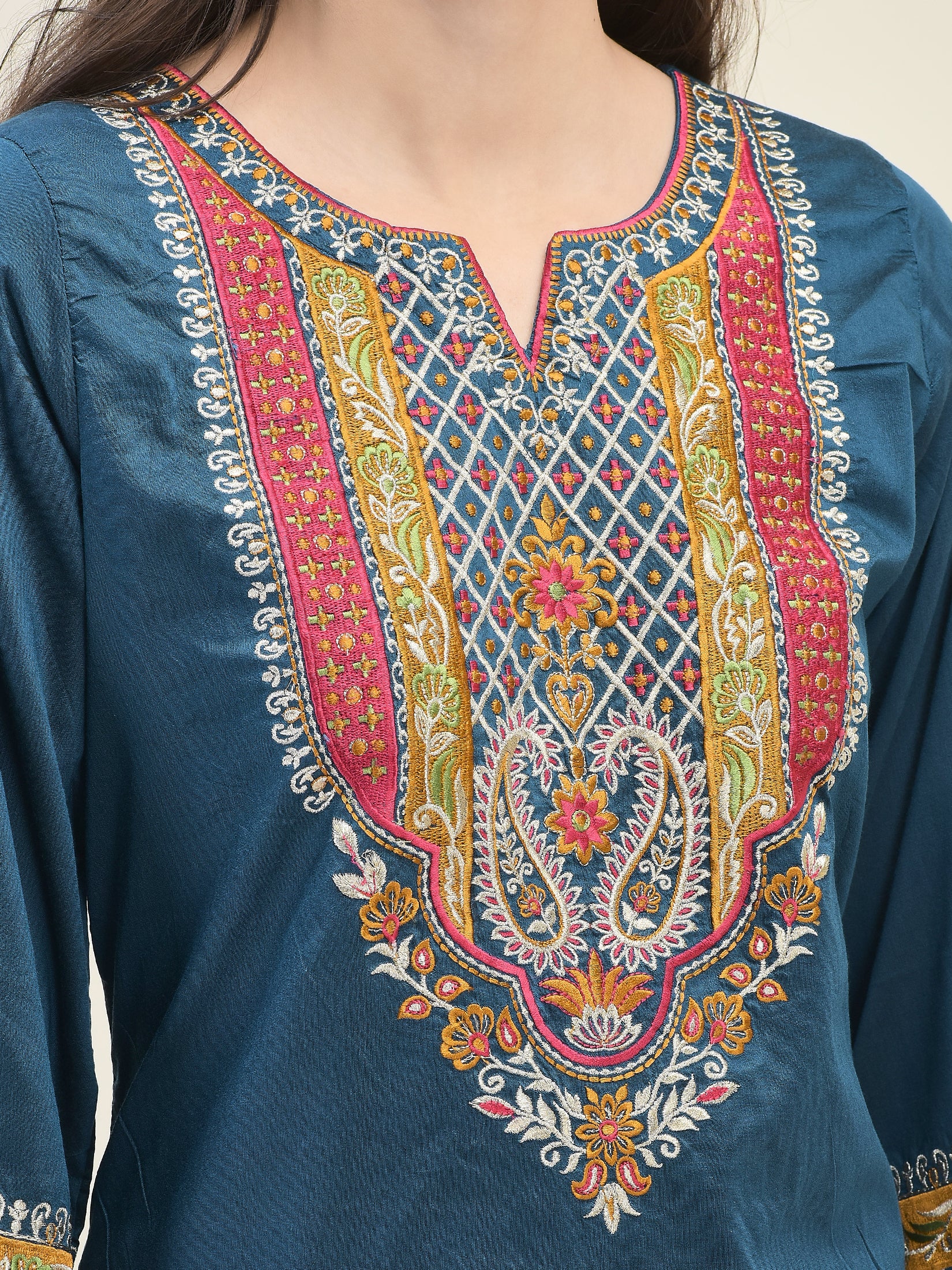 Women Poly Viscose Blue Embroidered Kurta Comfort Pant Dupatta