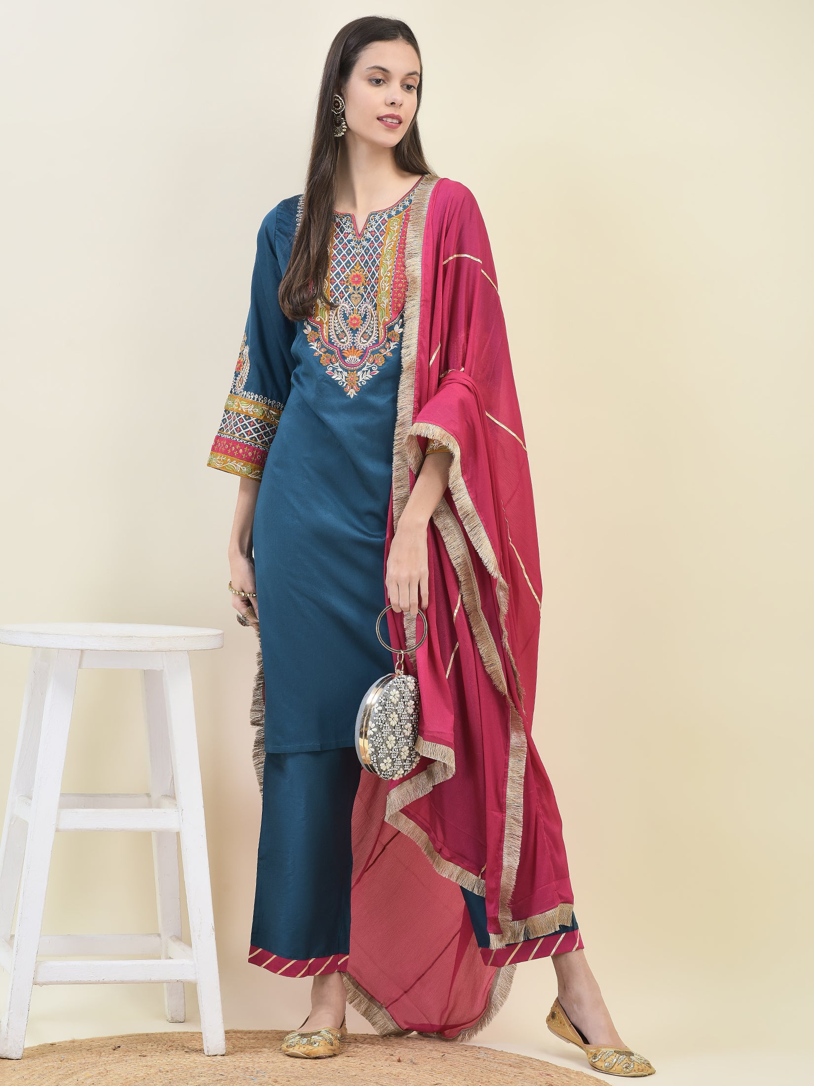 Women Poly Viscose Blue Embroidered Kurta Comfort Pant Dupatta