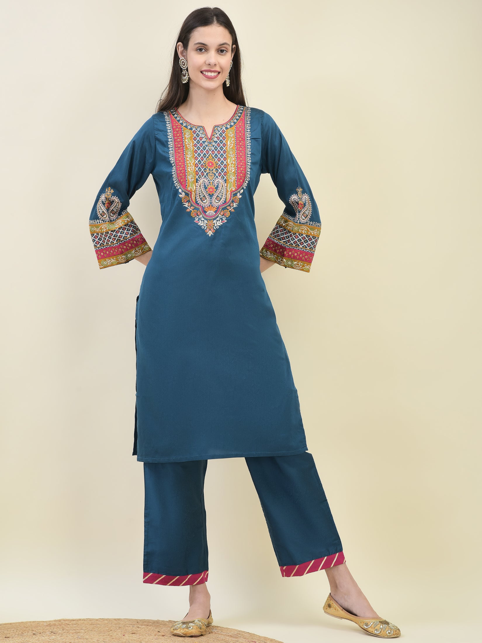 Women Poly Viscose Blue Embroidered Kurta Comfort Pant Dupatta