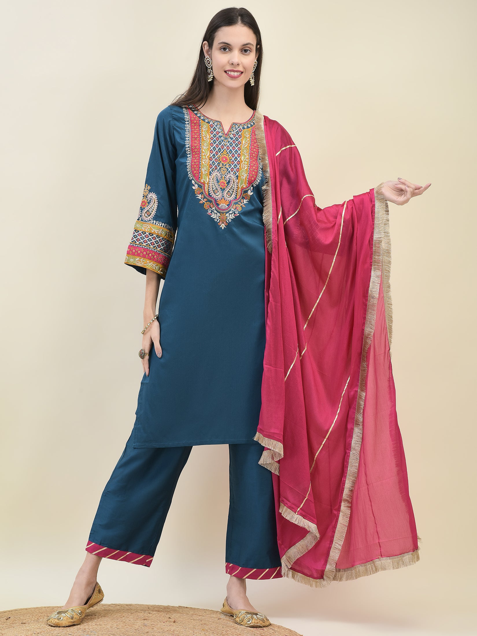 Women Poly Viscose Blue Embroidered Kurta Comfort Pant Dupatta