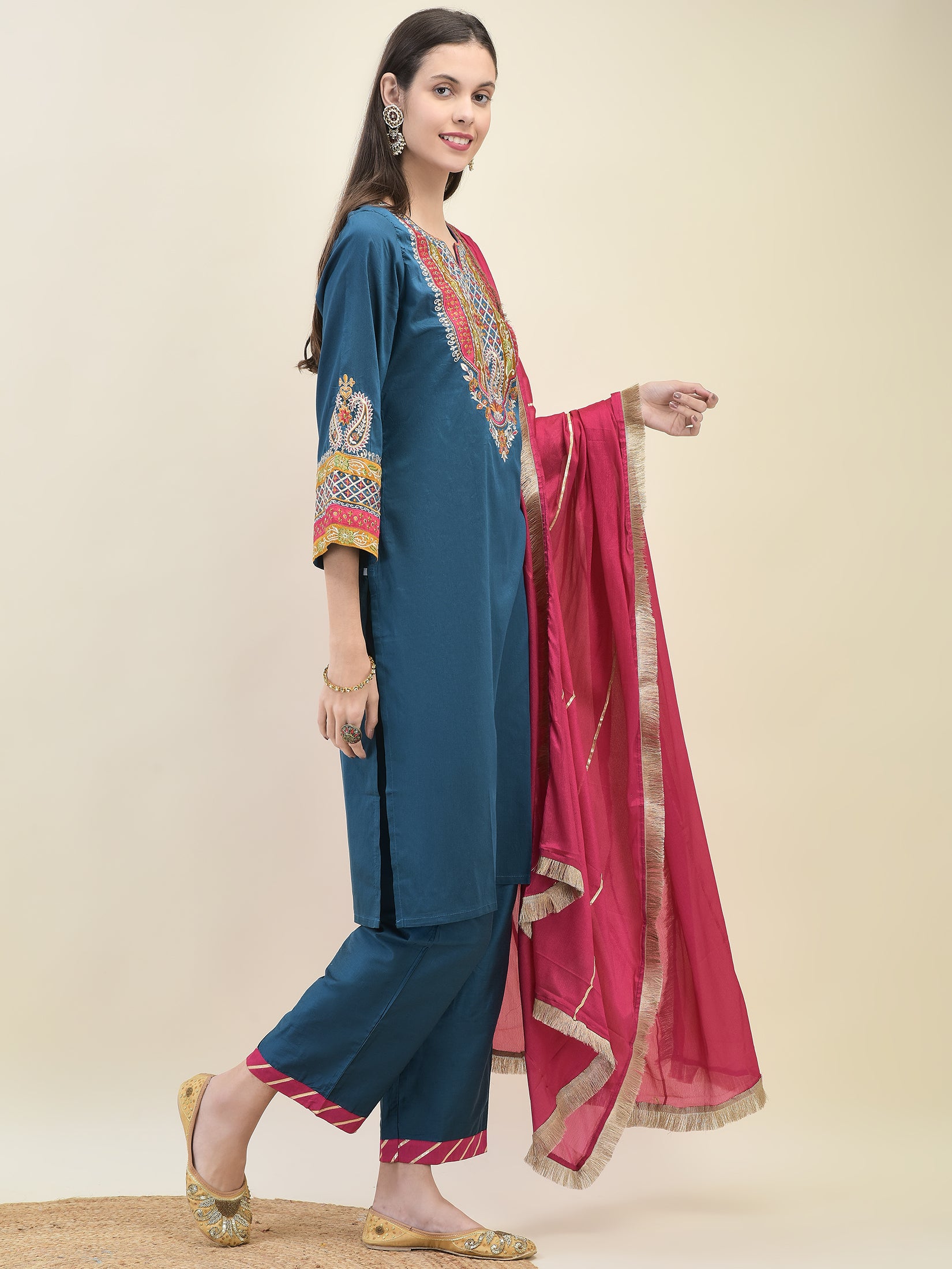 Women Poly Viscose Blue Embroidered Kurta Comfort Pant Dupatta