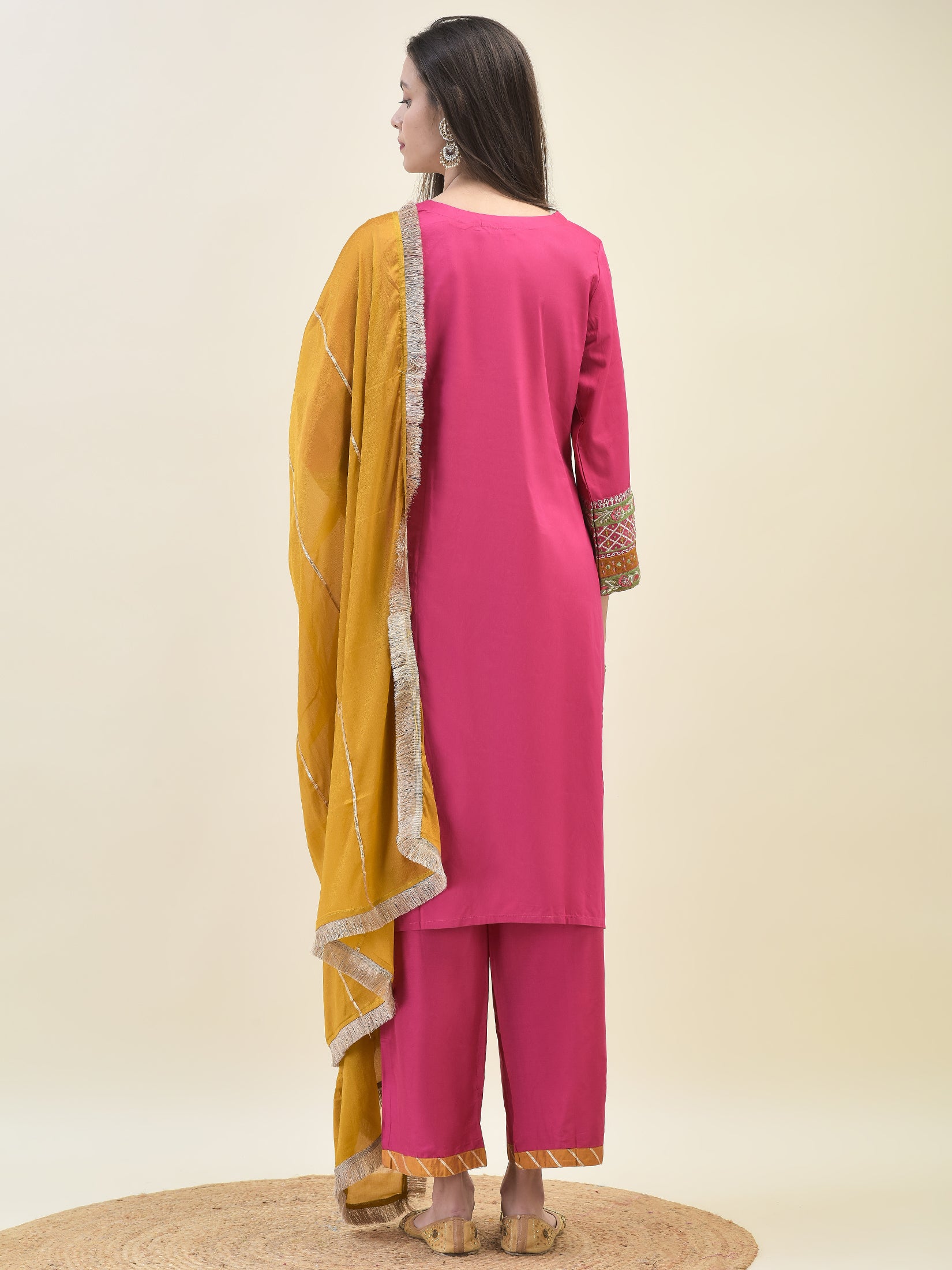 Women Poly Viscose Fuchsia Embroidered Kurta Comfort Pant Dupatta