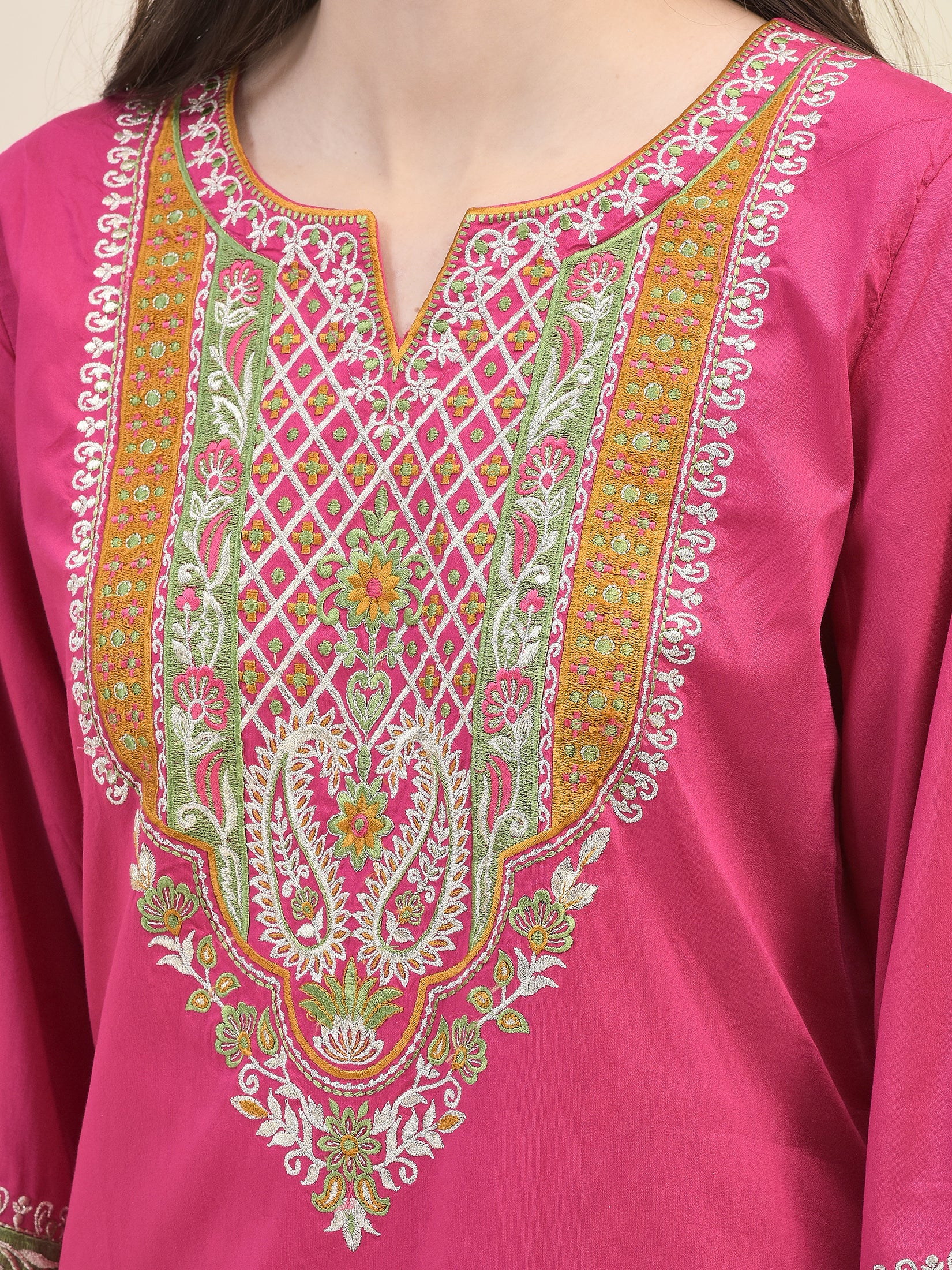 Women Poly Viscose Fuchsia Embroidered Kurta Comfort Pant Dupatta