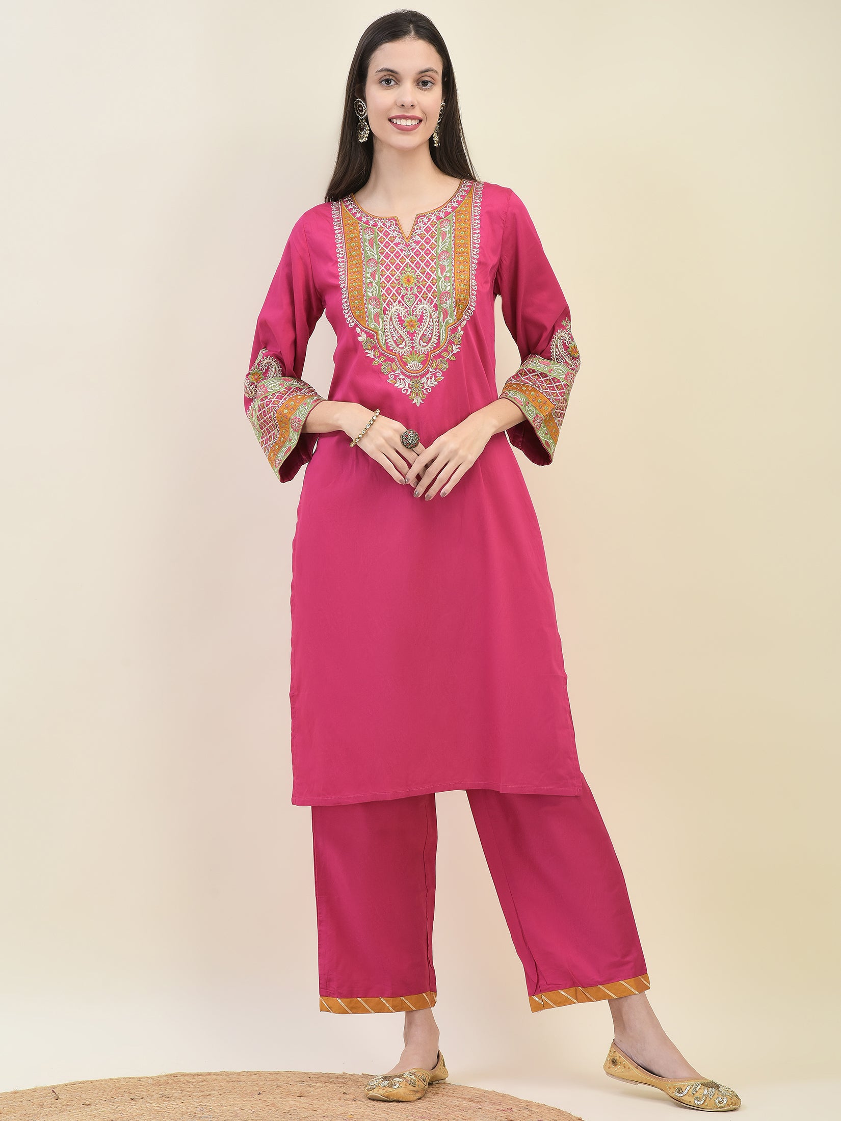 Women Poly Viscose Fuchsia Embroidered Kurta Comfort Pant Dupatta