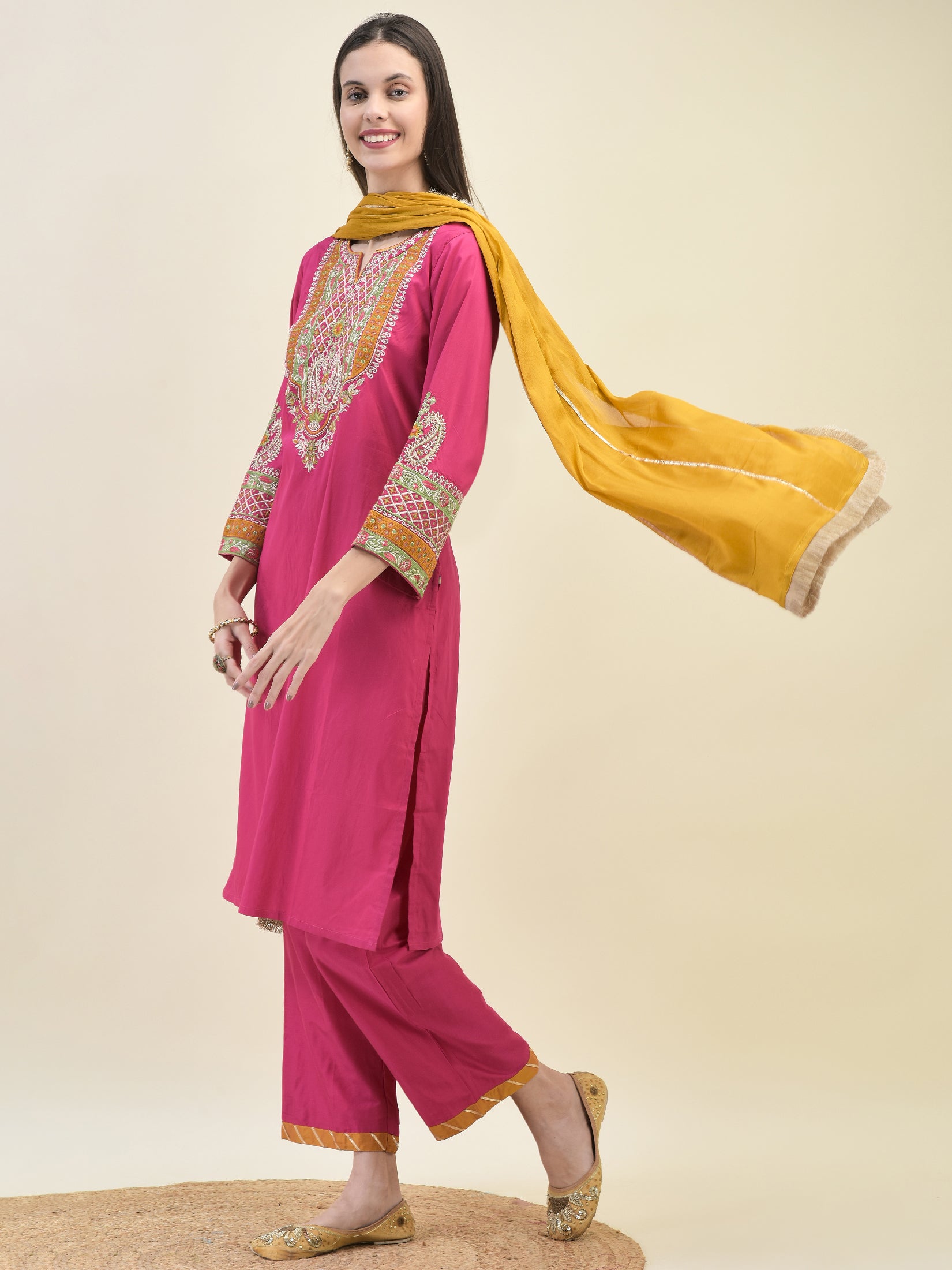 Women Poly Viscose Fuchsia Embroidered Kurta Comfort Pant Dupatta