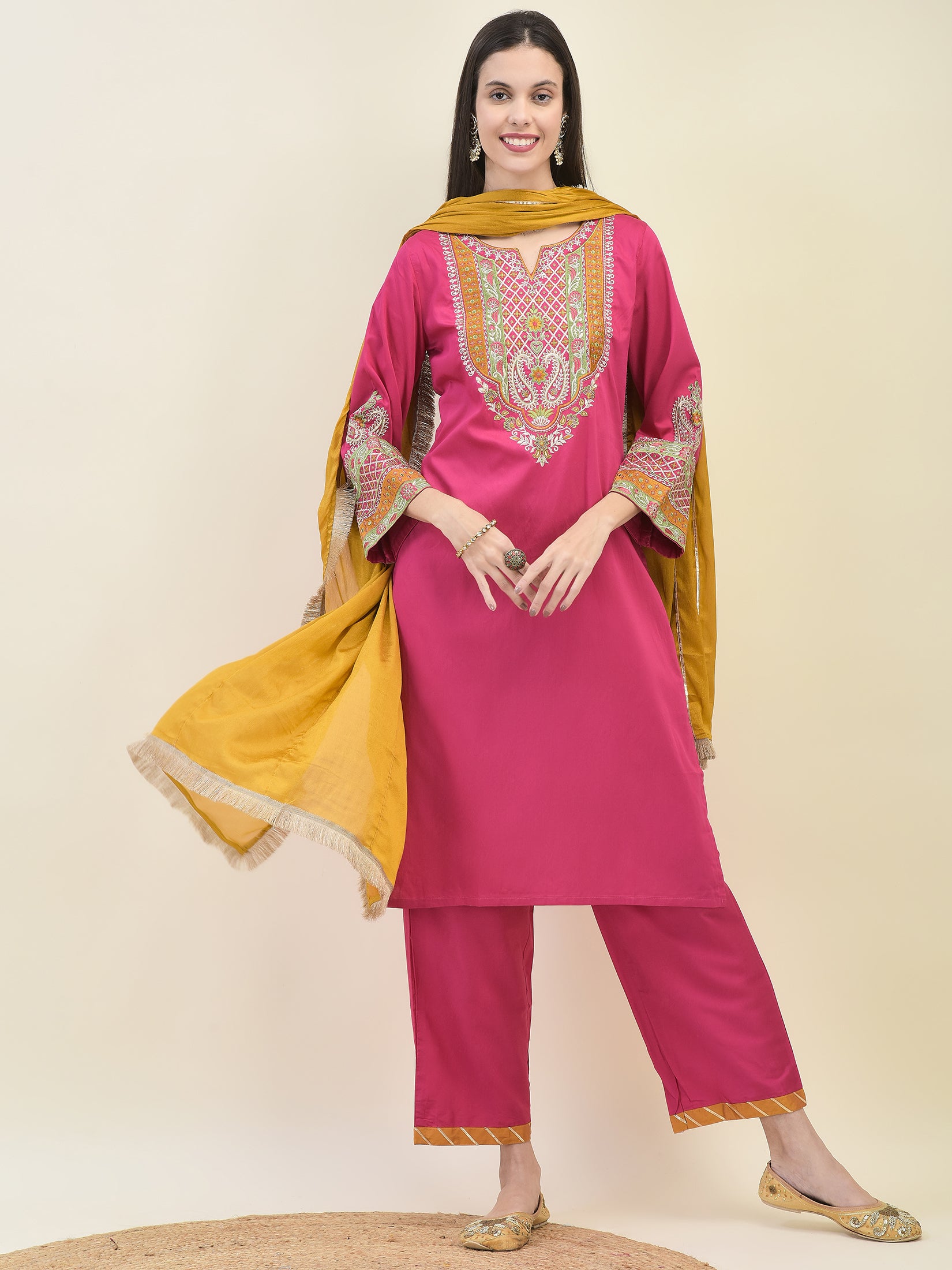 Women Poly Viscose Fuchsia Embroidered Kurta Comfort Pant Dupatta