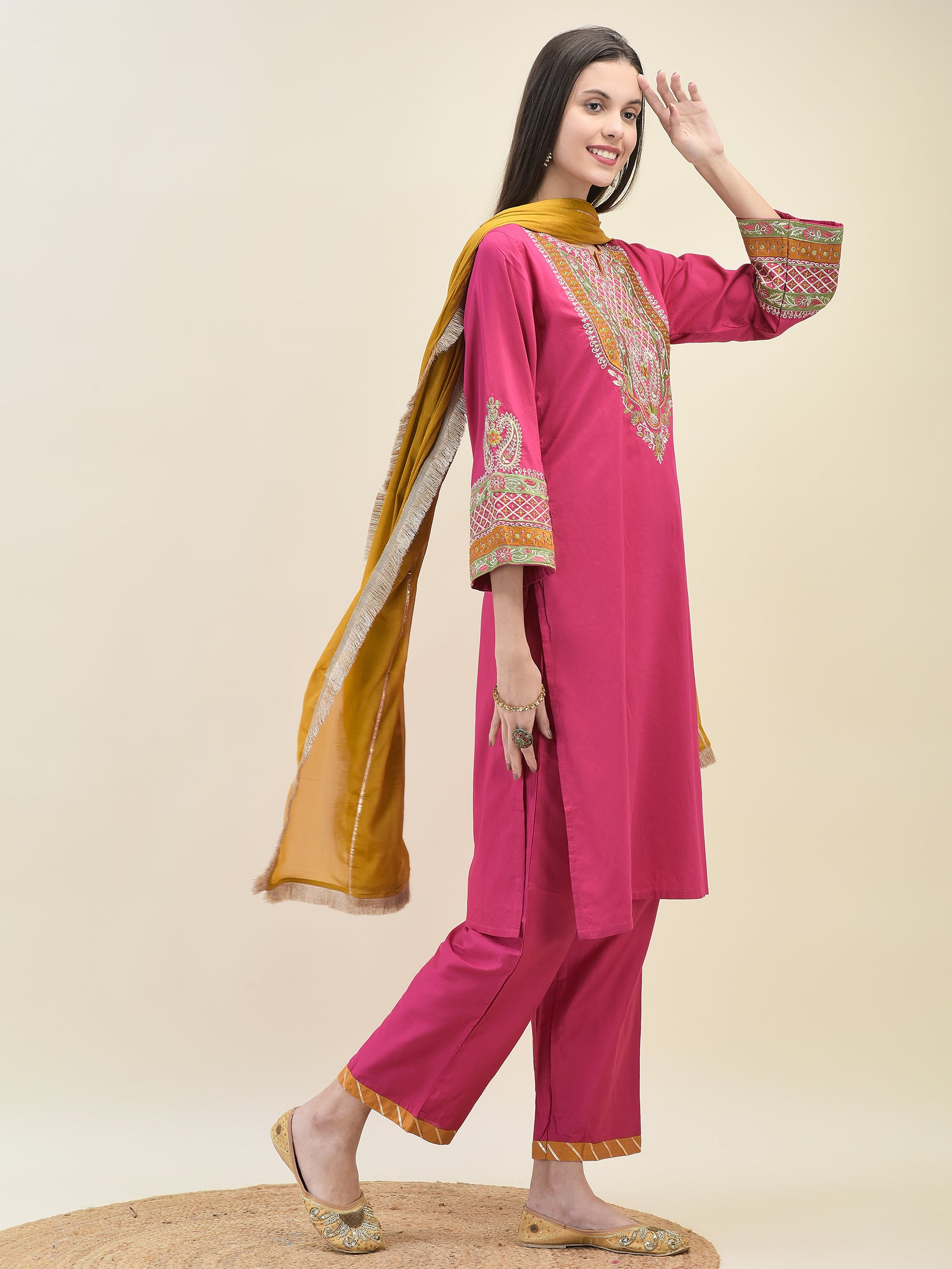 Women Poly Viscose Fuchsia Embroidered Kurta Comfort Pant Dupatta