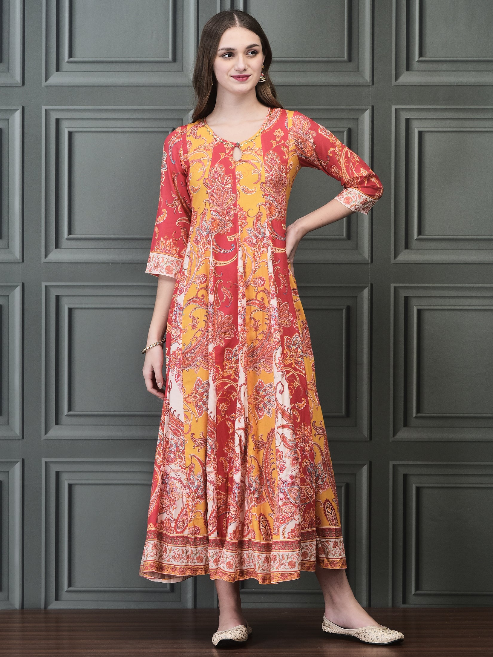 Women Liva (Rayon) Multicolor Paisley Print Dress With Chanderi Dupatta