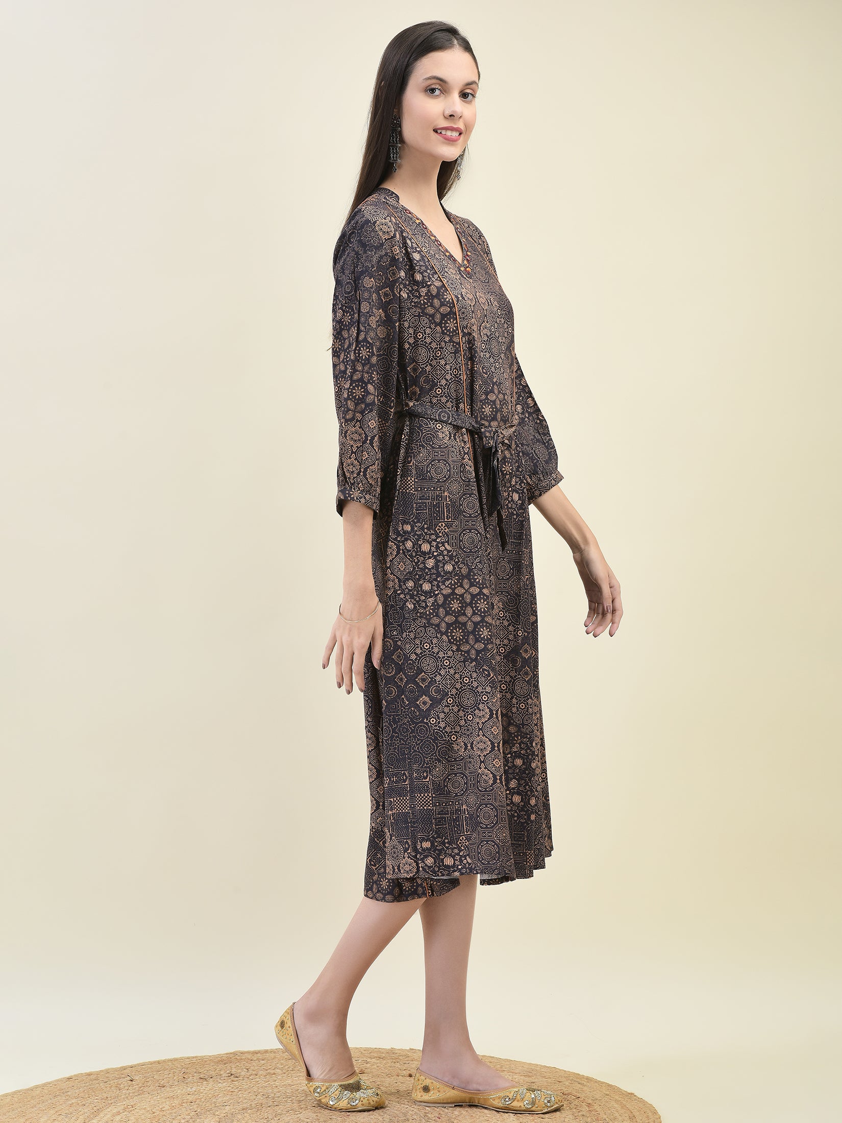 Women Liva Rayon Grey Ornamental Print Dress