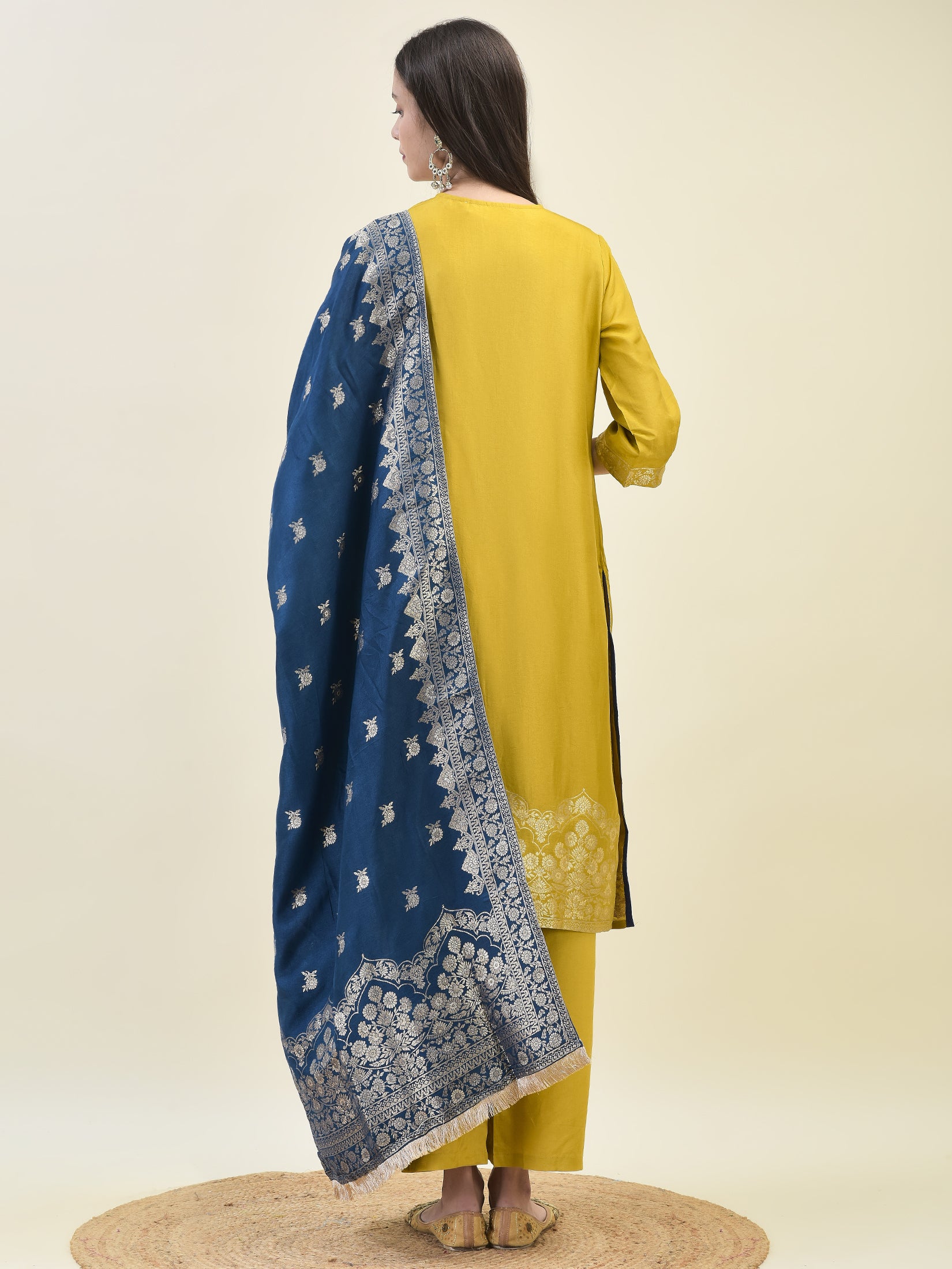 Women Jacquard Mustard Ornamental Print Kurta Comfort Pant Dupatta