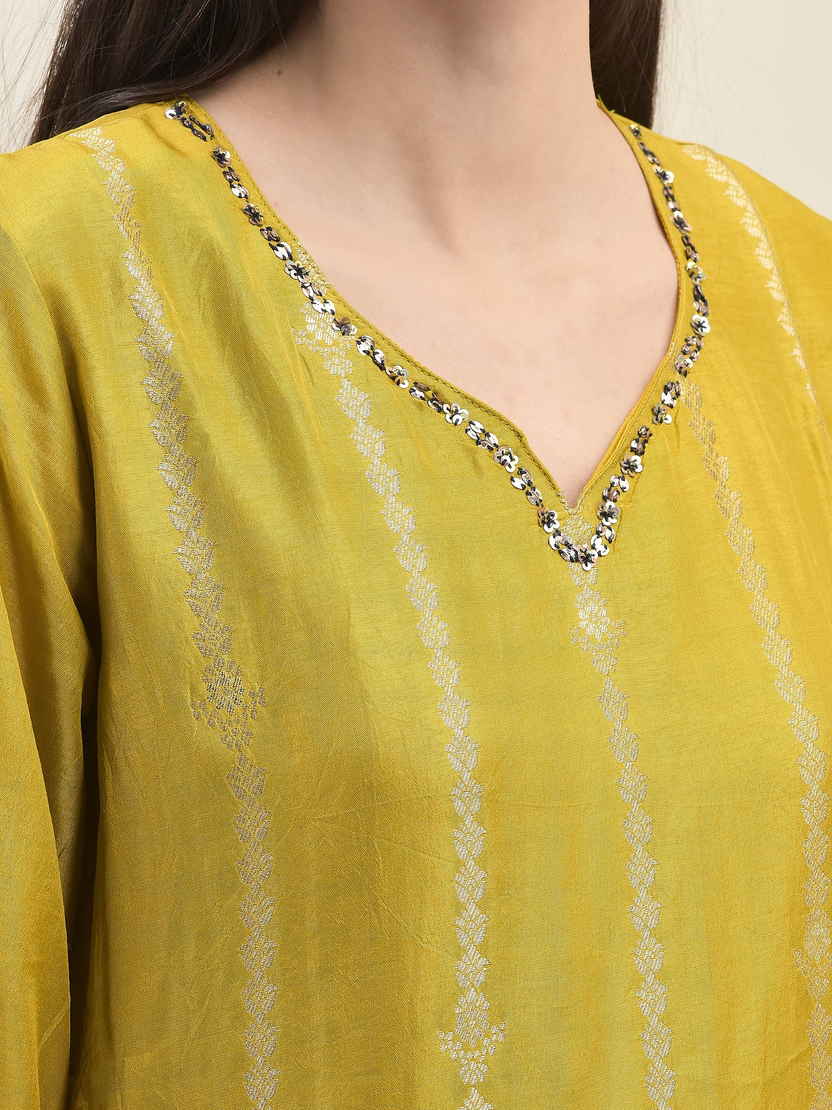 Women Jacquard Mustard Ornamental Print Kurta Comfort Pant Dupatta