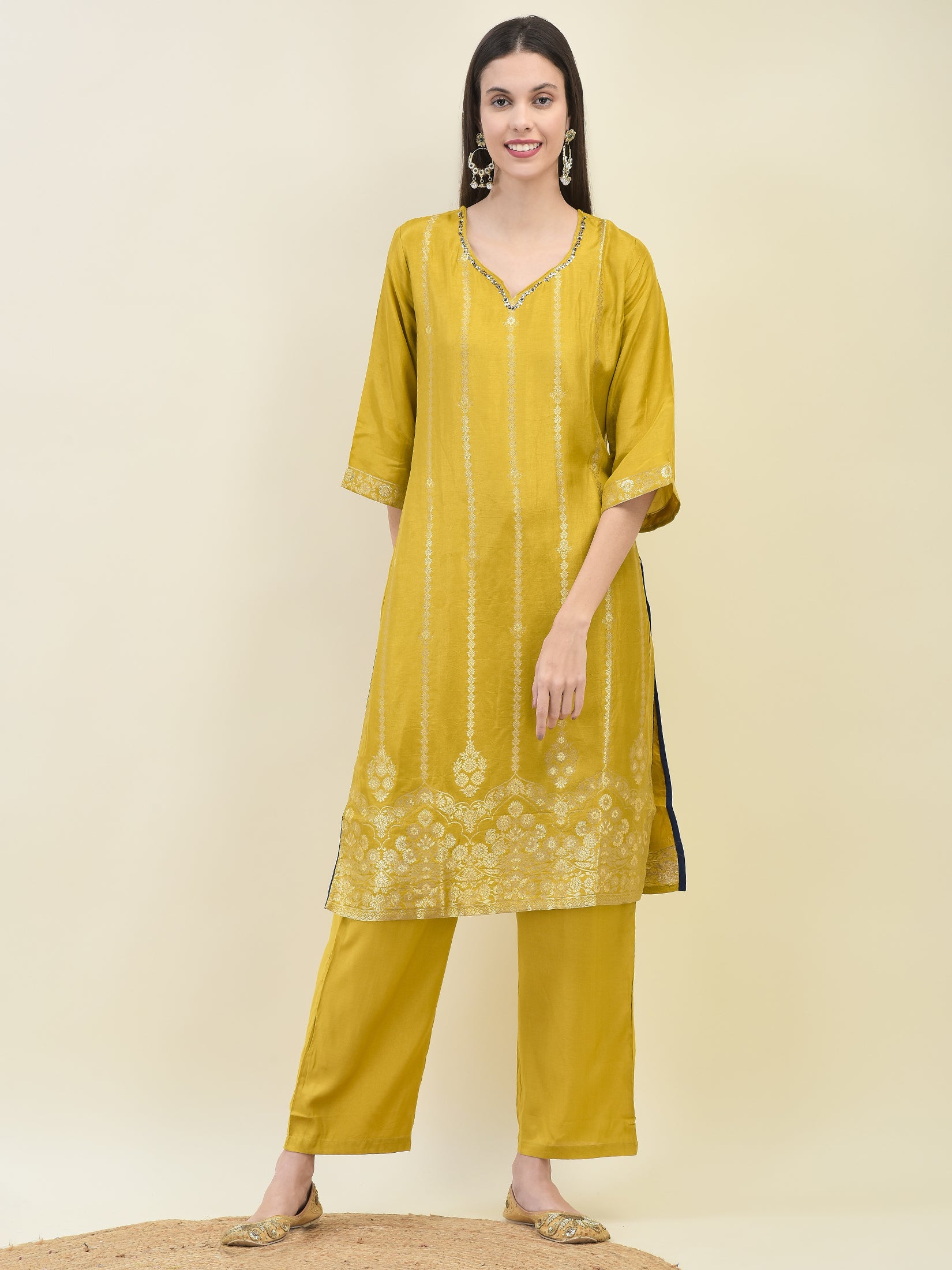 Women Jacquard Mustard Ornamental Print Kurta Comfort Pant Dupatta