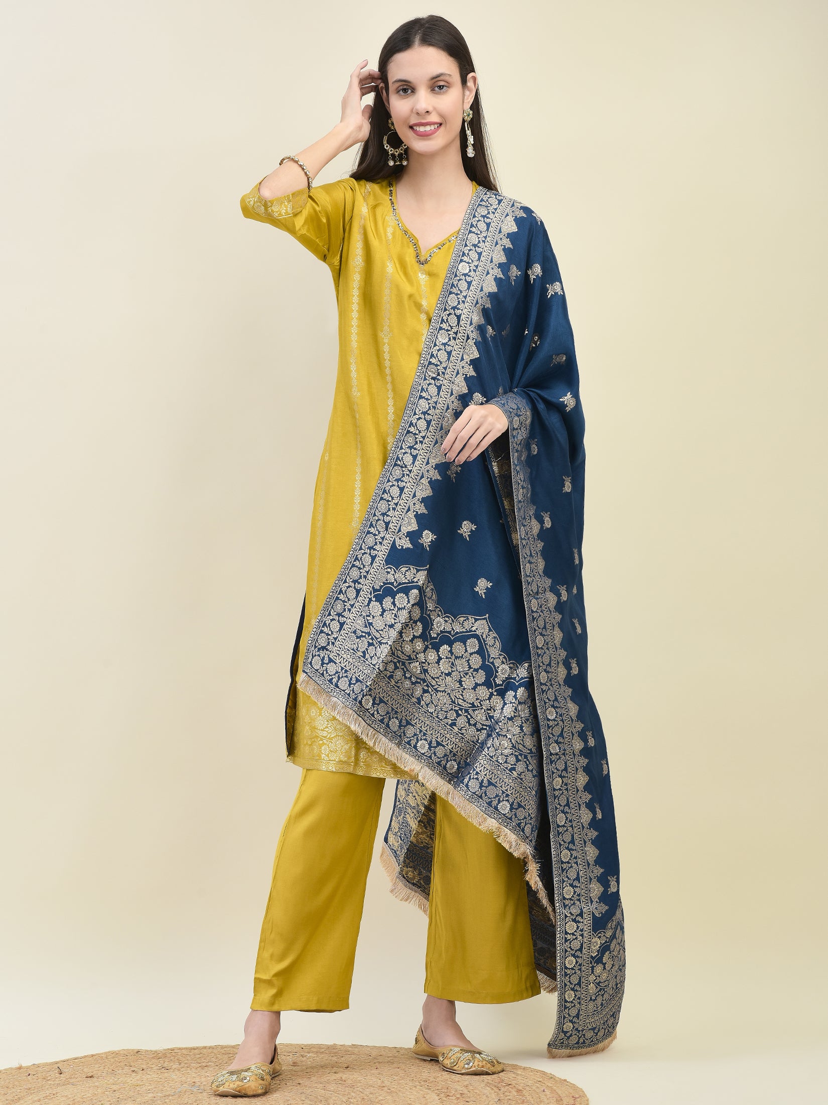 Women Jacquard Mustard Ornamental Print Kurta Comfort Pant Dupatta