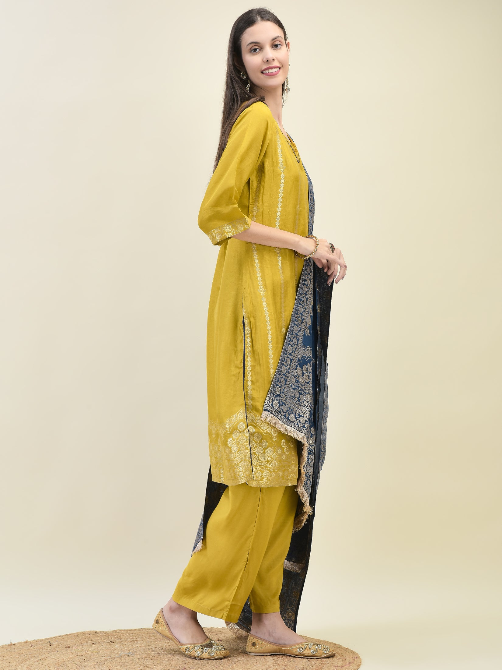 Women Jacquard Mustard Ornamental Print Kurta Comfort Pant Dupatta