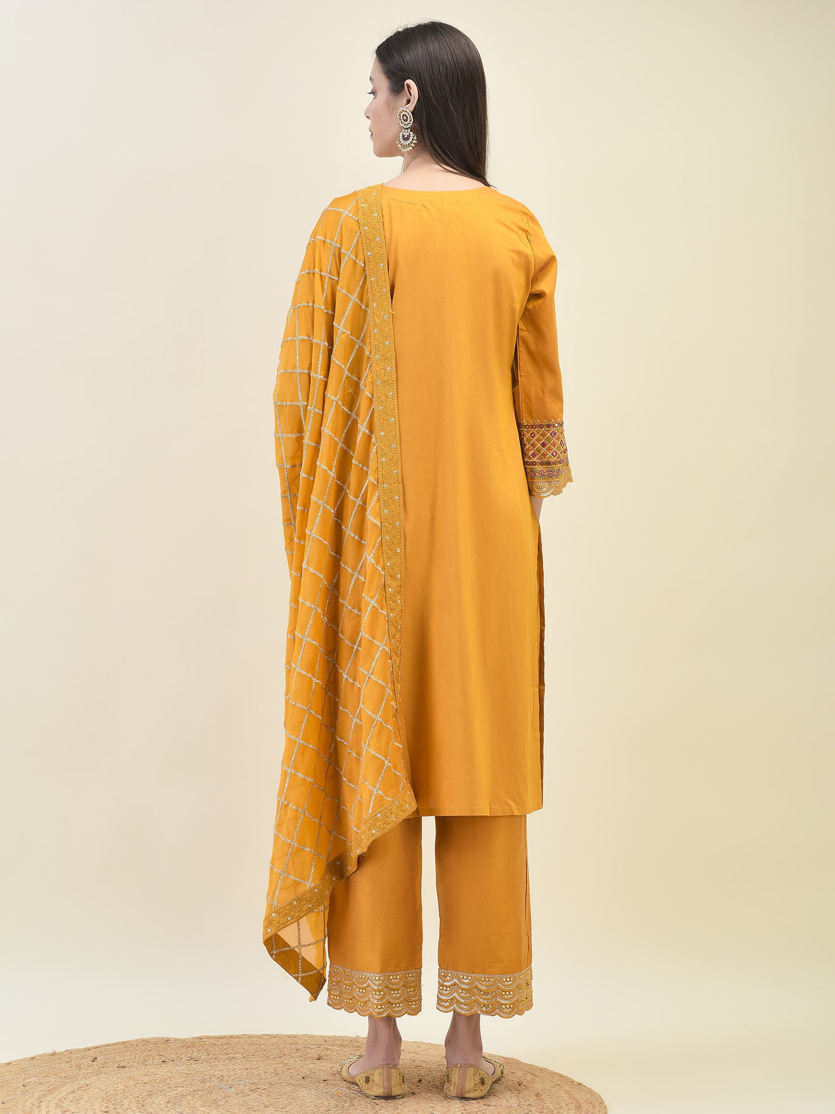 Women Poly Viscose Mustard Embroidered Kurta Comfort Pant Dupatta