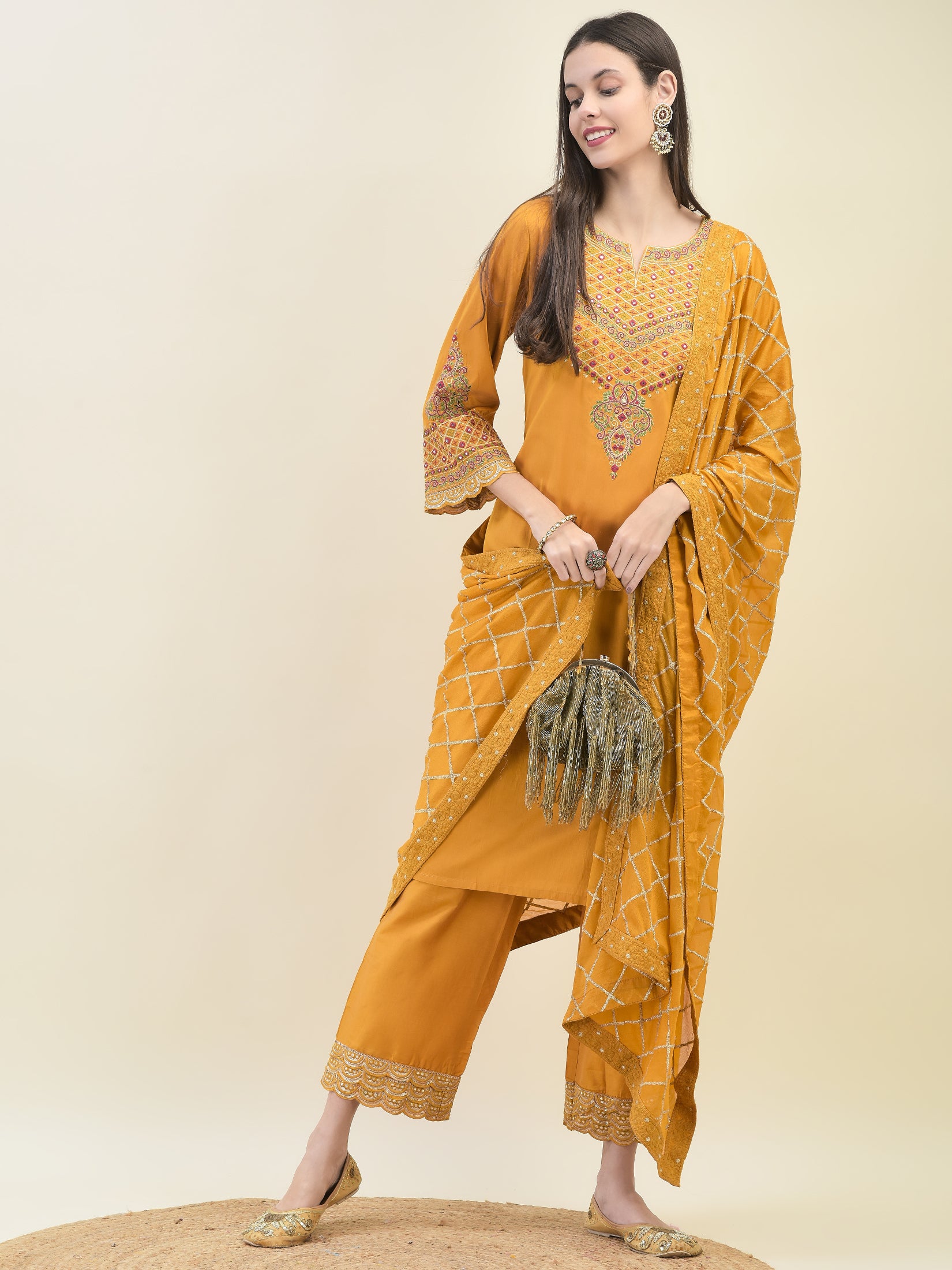 Women Poly Viscose Mustard Embroidered Kurta Comfort Pant Dupatta