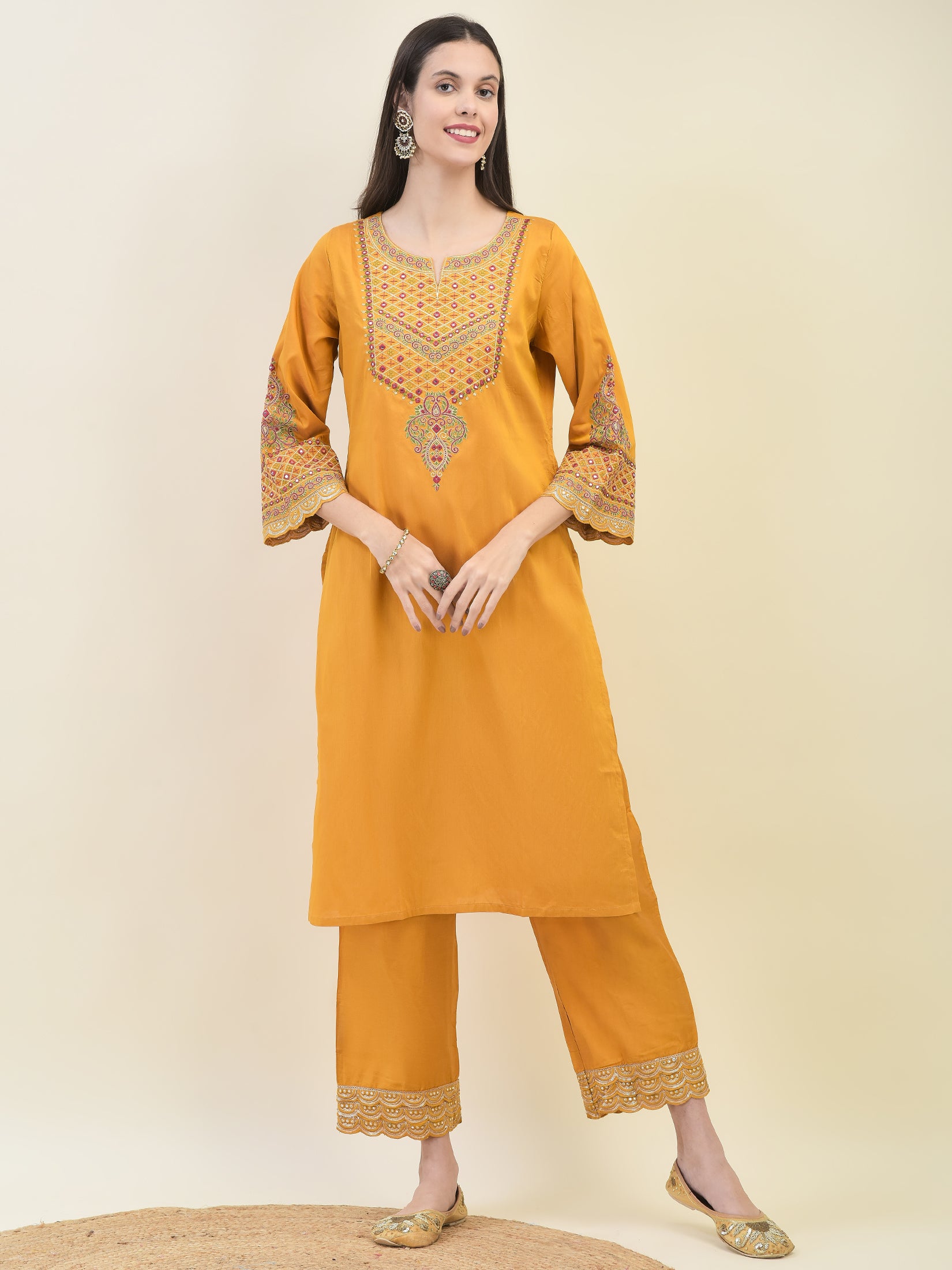 Women Poly Viscose Mustard Embroidered Kurta Comfort Pant Dupatta