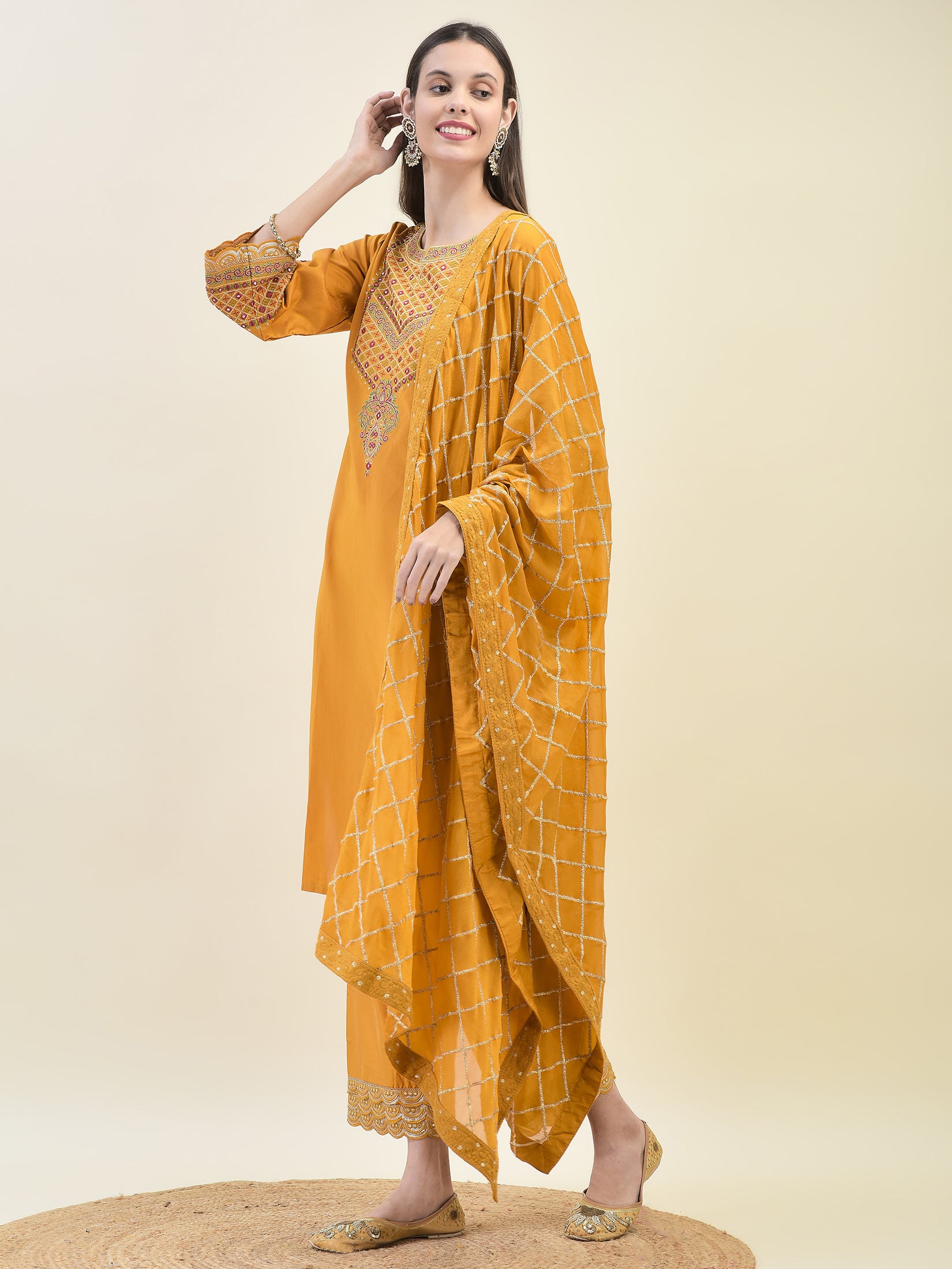 Women Poly Viscose Mustard Embroidered Kurta Comfort Pant Dupatta