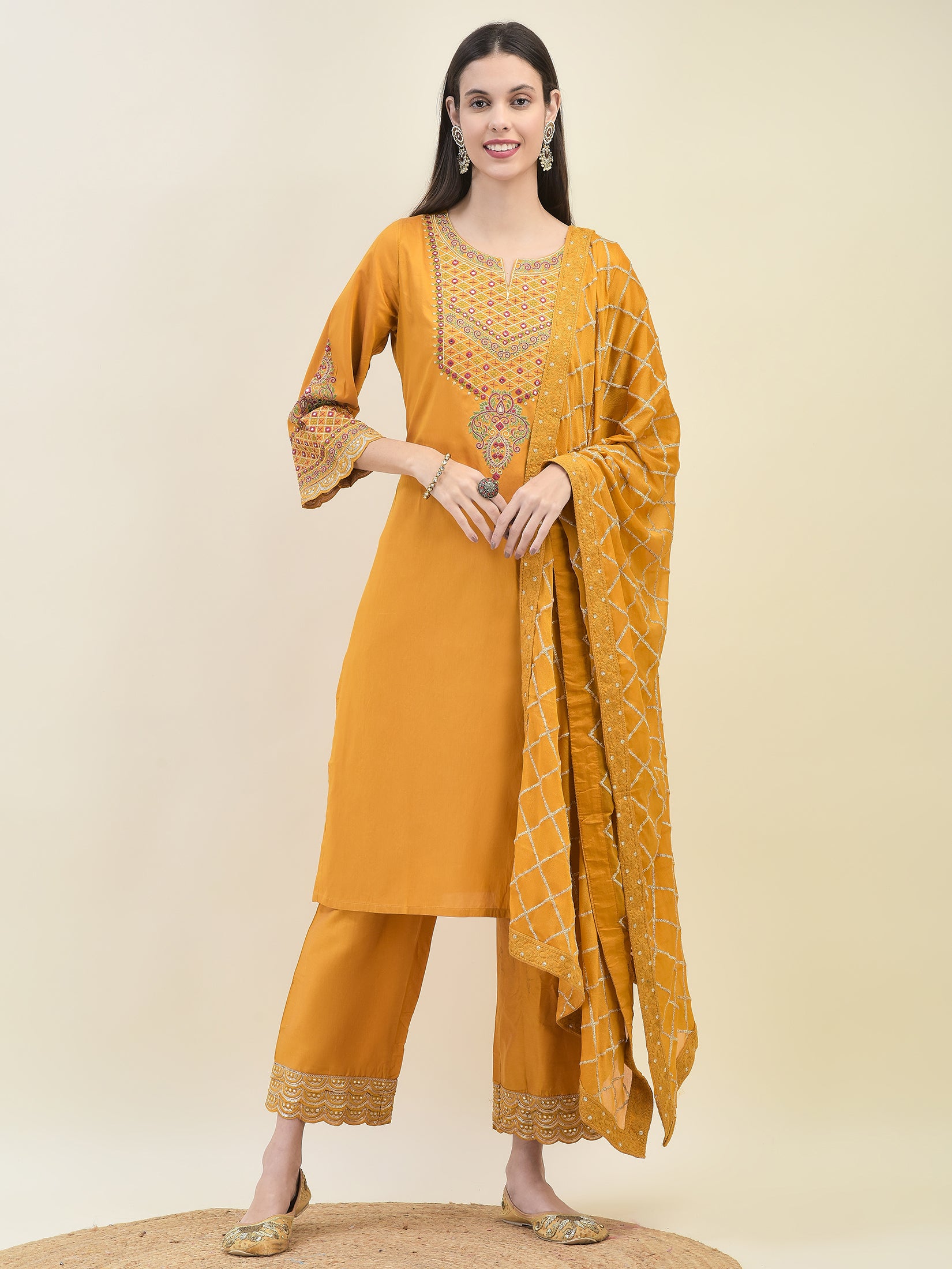 Women Poly Viscose Mustard Embroidered Kurta Comfort Pant Dupatta