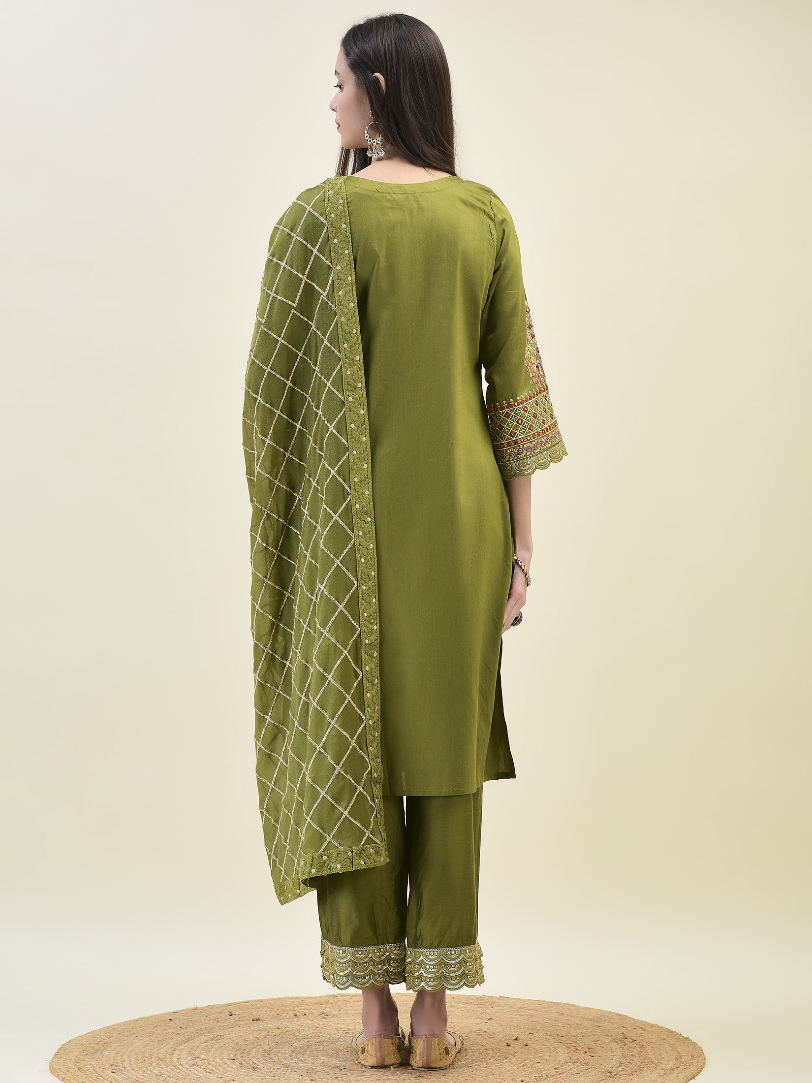 Women Poly Viscose Olive Embroidered Kurta Comfort Pant Dupatta