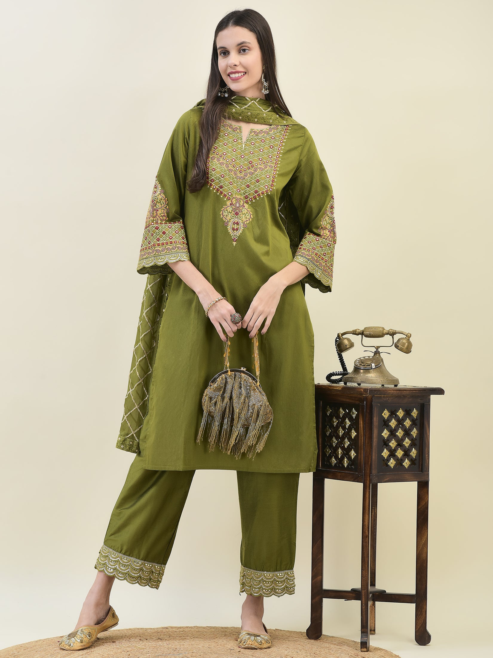 Women Poly Viscose Olive Embroidered Kurta Comfort Pant Dupatta