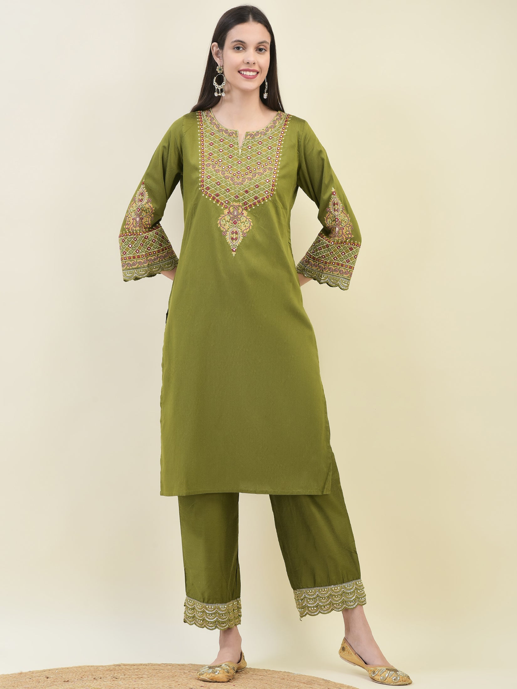 Women Poly Viscose Olive Embroidered Kurta Comfort Pant Dupatta