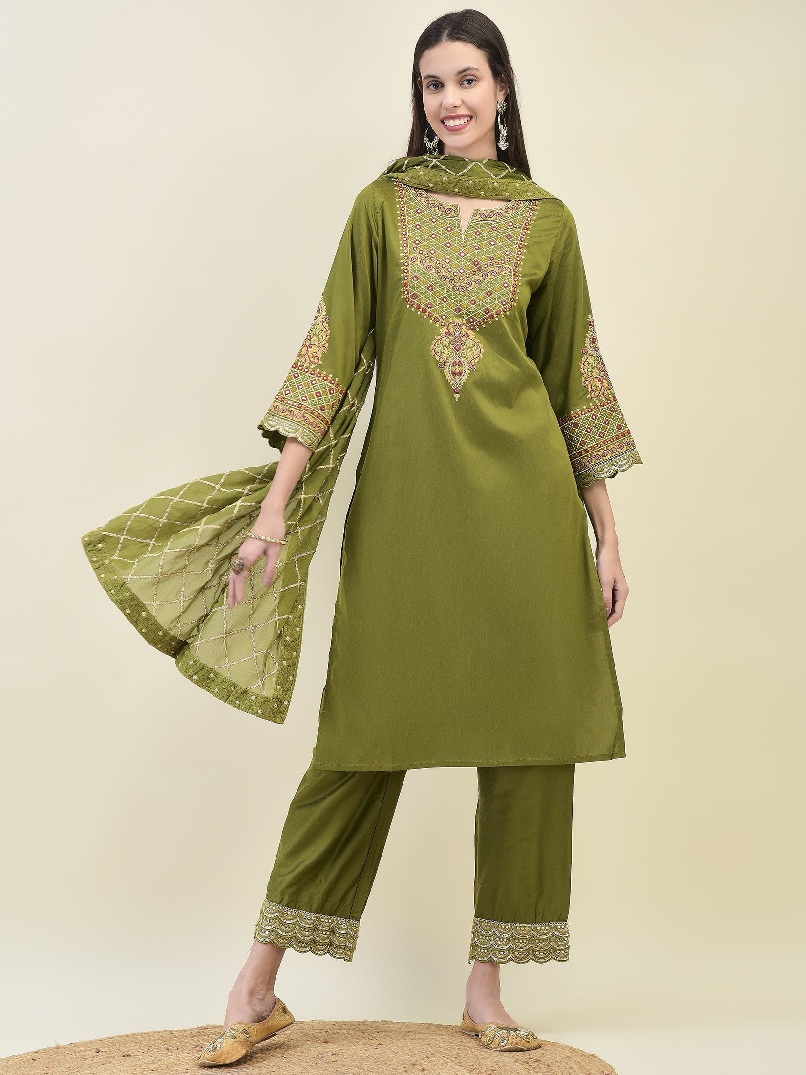 Women Poly Viscose Olive Embroidered Kurta Comfort Pant Dupatta