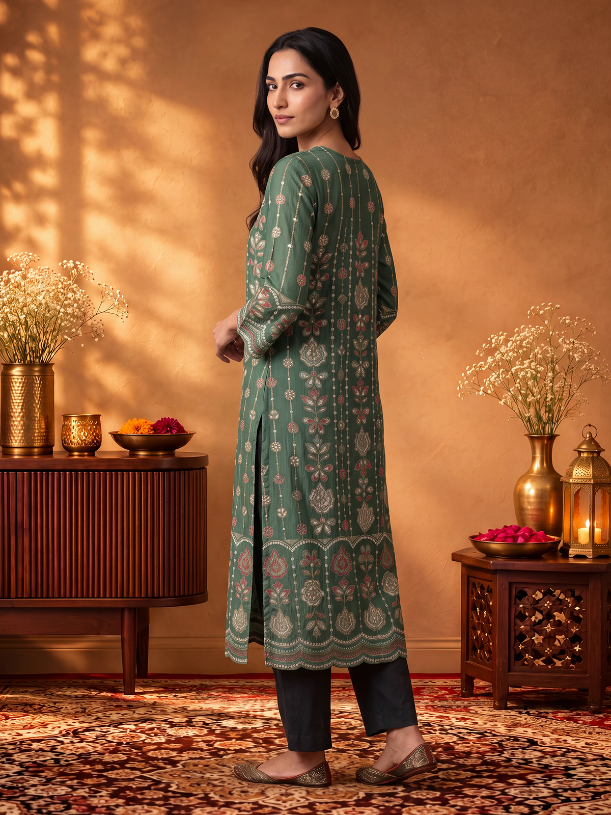 Women Green Floral Kurta