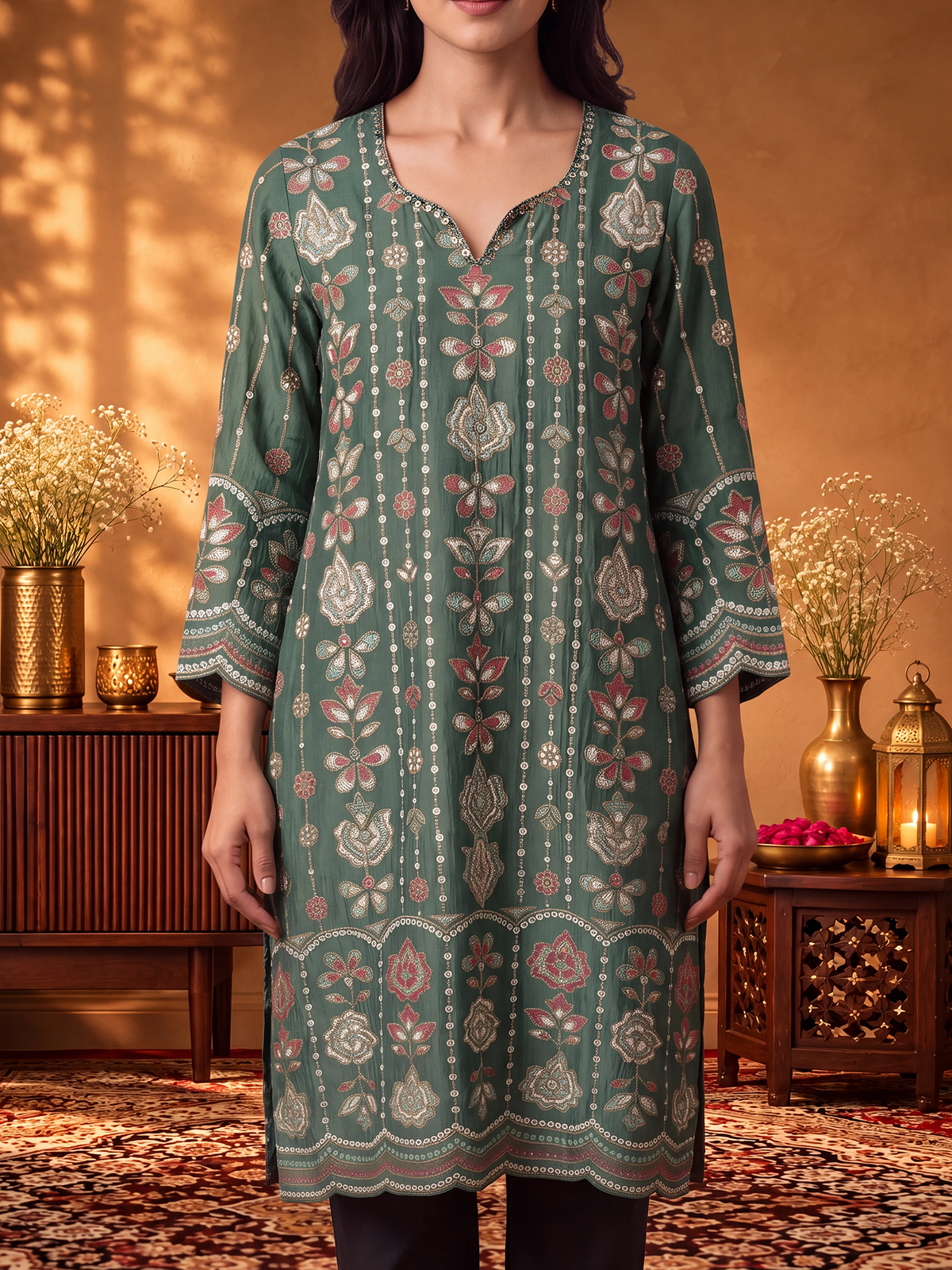 Women Green Floral Kurta