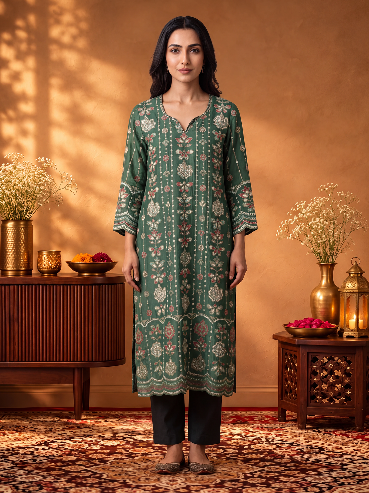 Women Green Floral Kurta