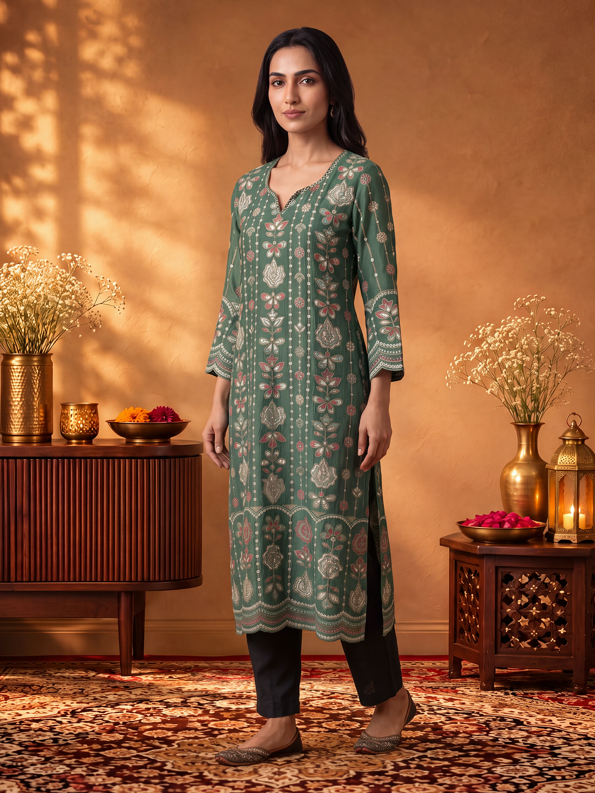 Women Green Floral Kurta