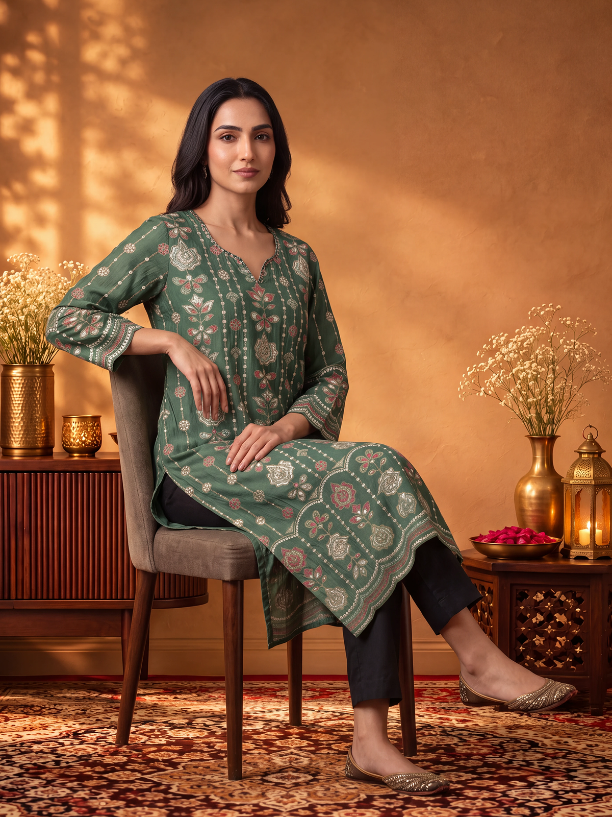 Women Green Floral Kurta