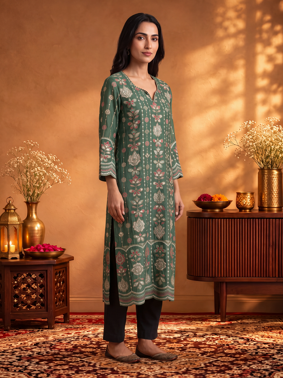 Women Green Floral Kurta