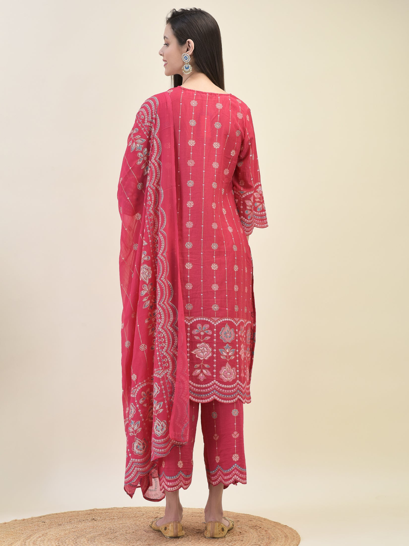 Women Silk Fuchsia Floral Print Kurta Comfort Pant Dupatta