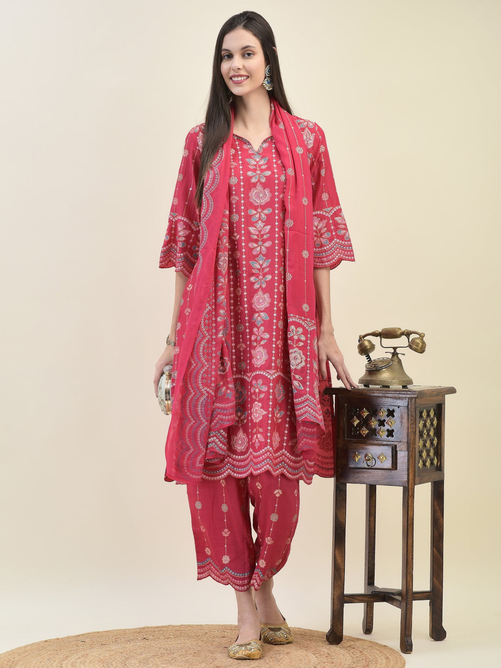 Women Silk Fuchsia Floral Print Kurta Comfort Pant Dupatta