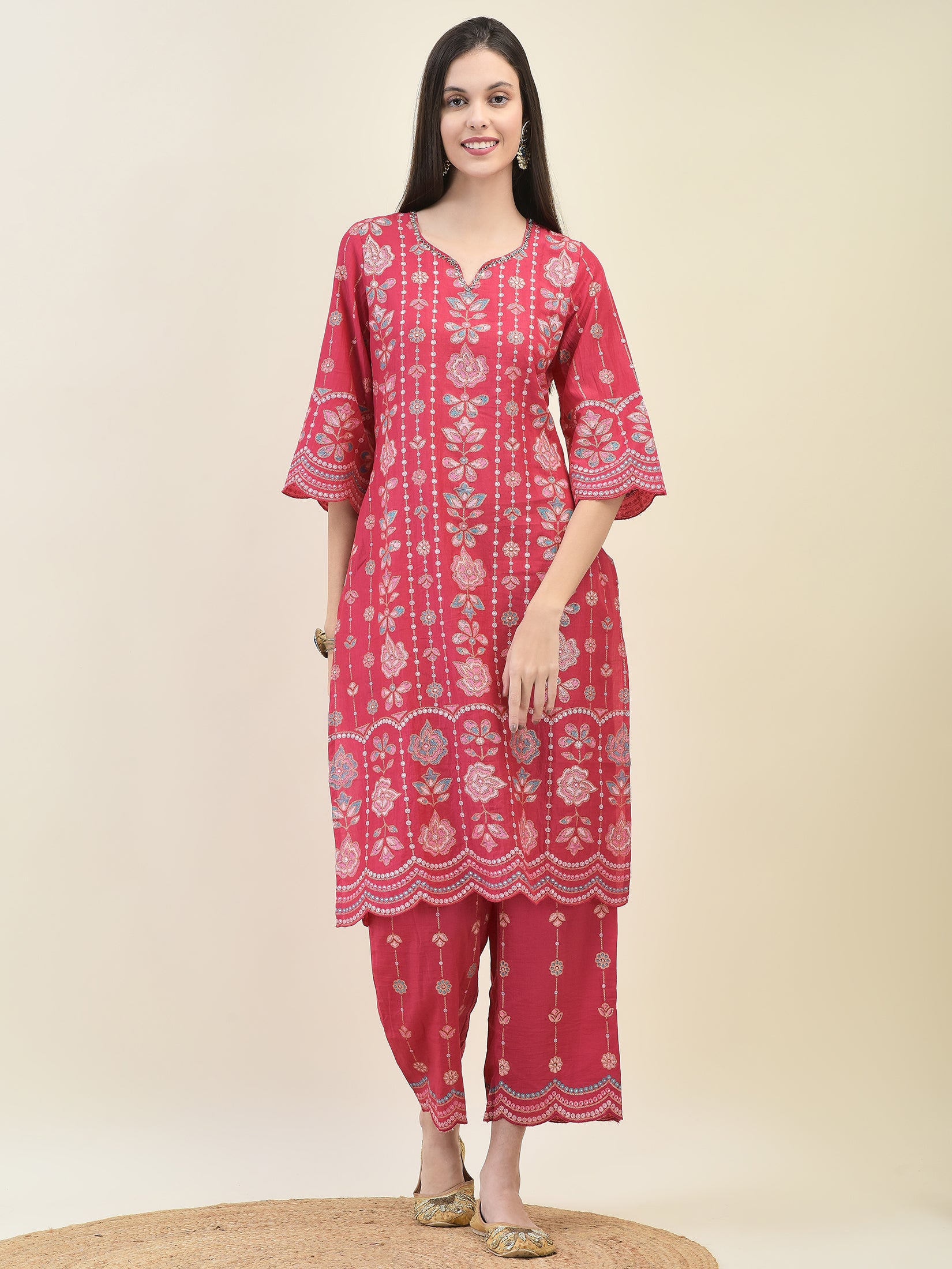 Women Silk Fuchsia Floral Print Kurta Comfort Pant Dupatta