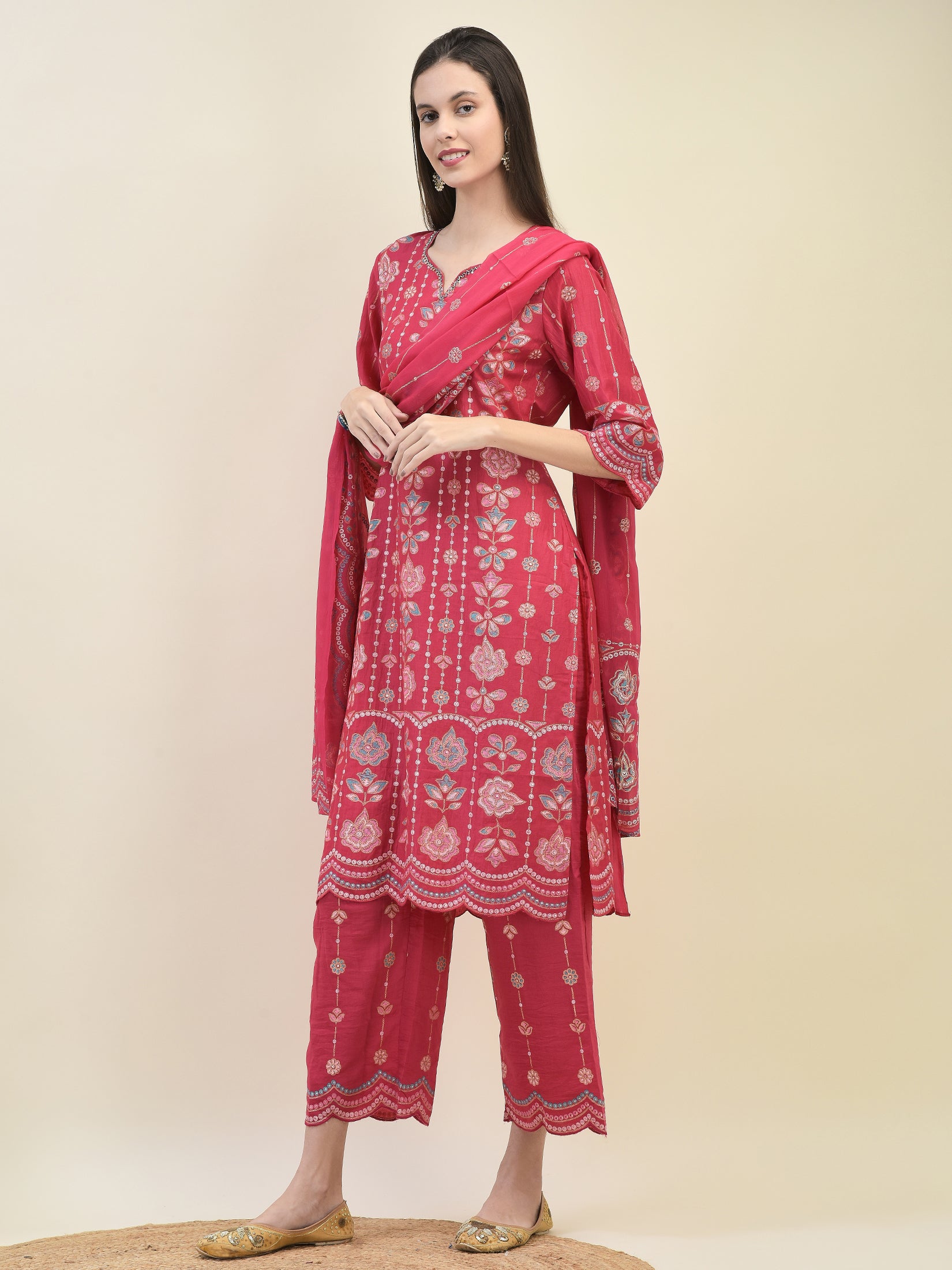 Women Silk Fuchsia Floral Print Kurta Comfort Pant Dupatta