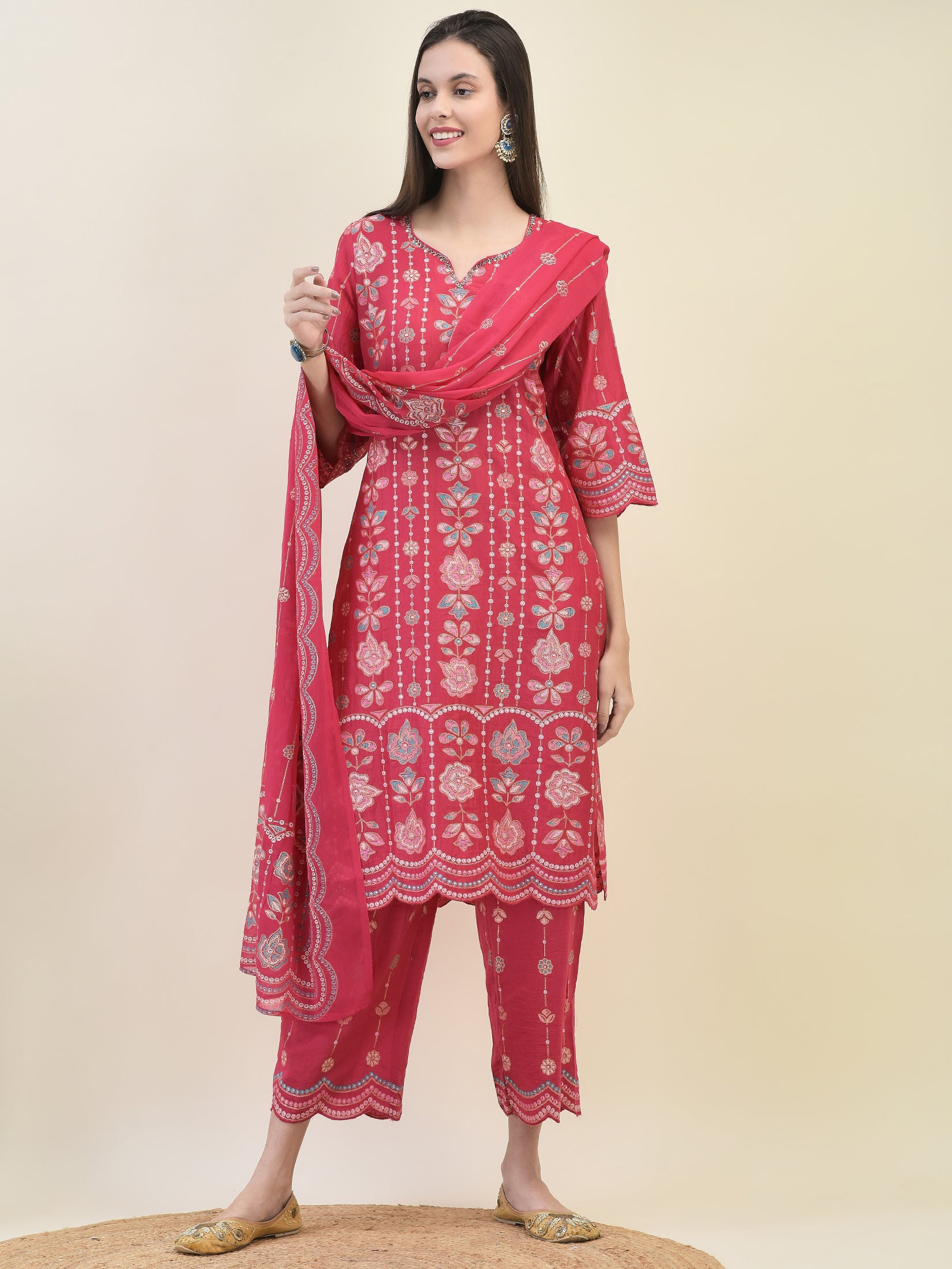 Women Silk Fuchsia Floral Print Kurta Comfort Pant Dupatta