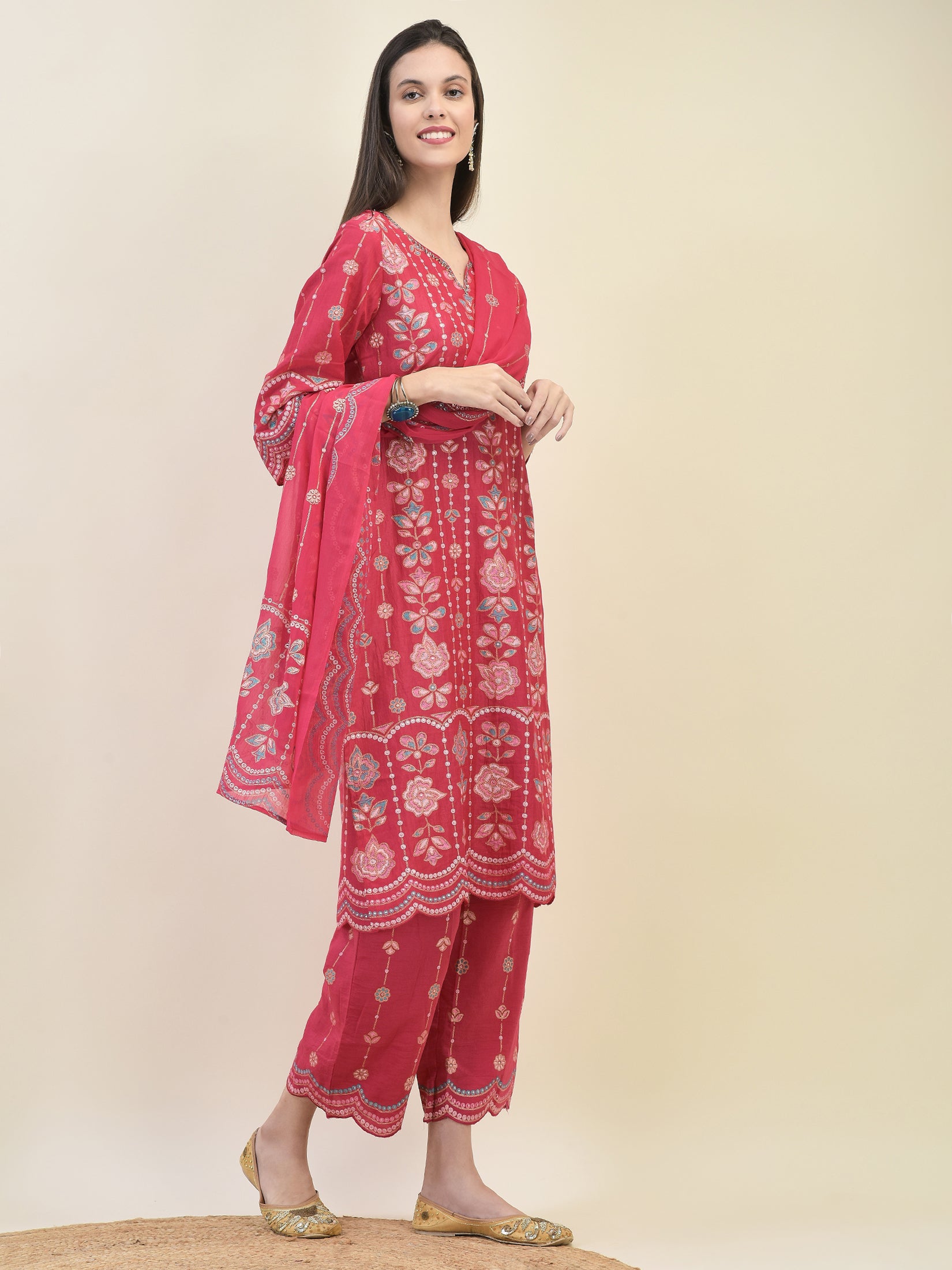 Women Silk Fuchsia Floral Print Kurta Comfort Pant Dupatta