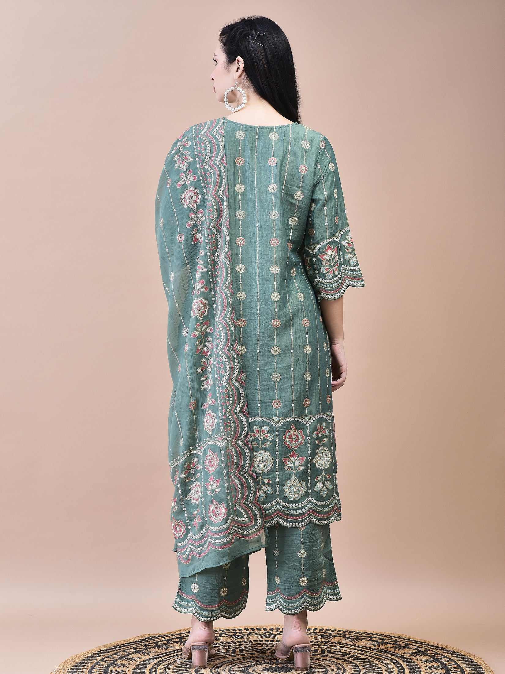 Women Liva Green Floral Print Kurta Comfort Pant Dupatta