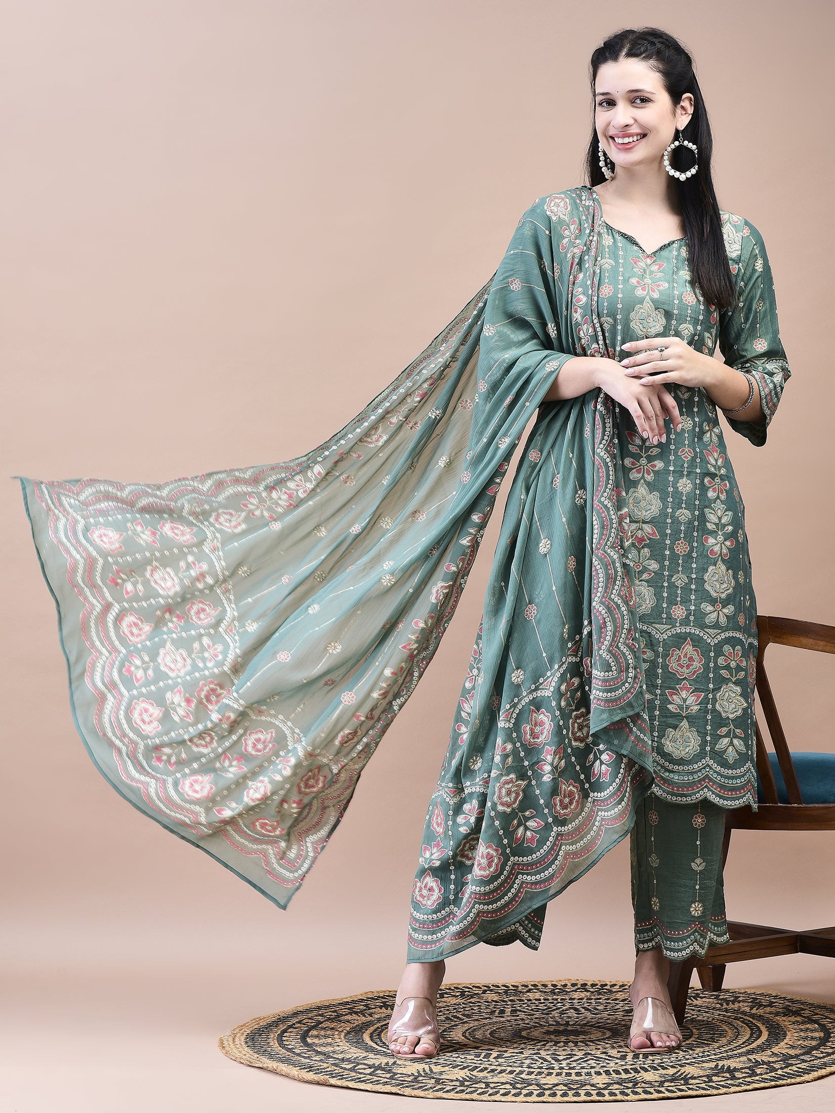 Women Liva Green Floral Print Kurta Comfort Pant Dupatta