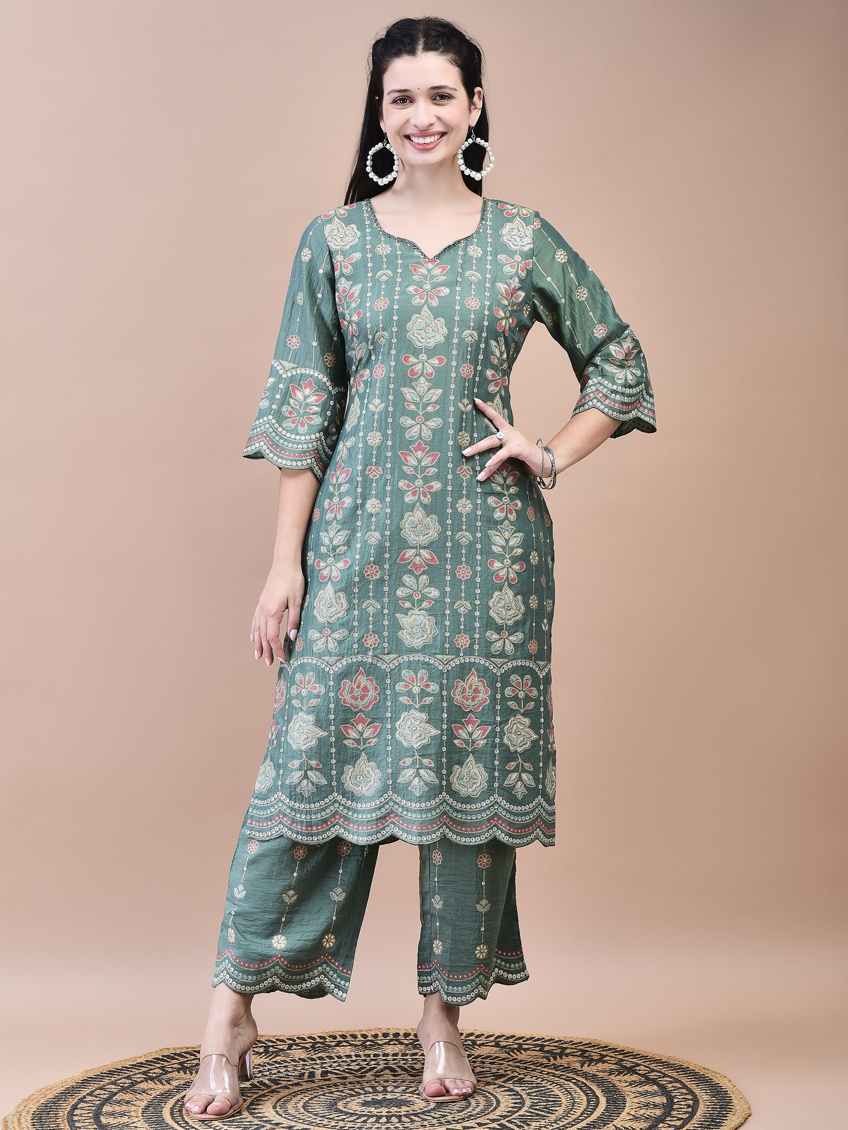 Women Liva Green Floral Print Kurta Comfort Pant Dupatta