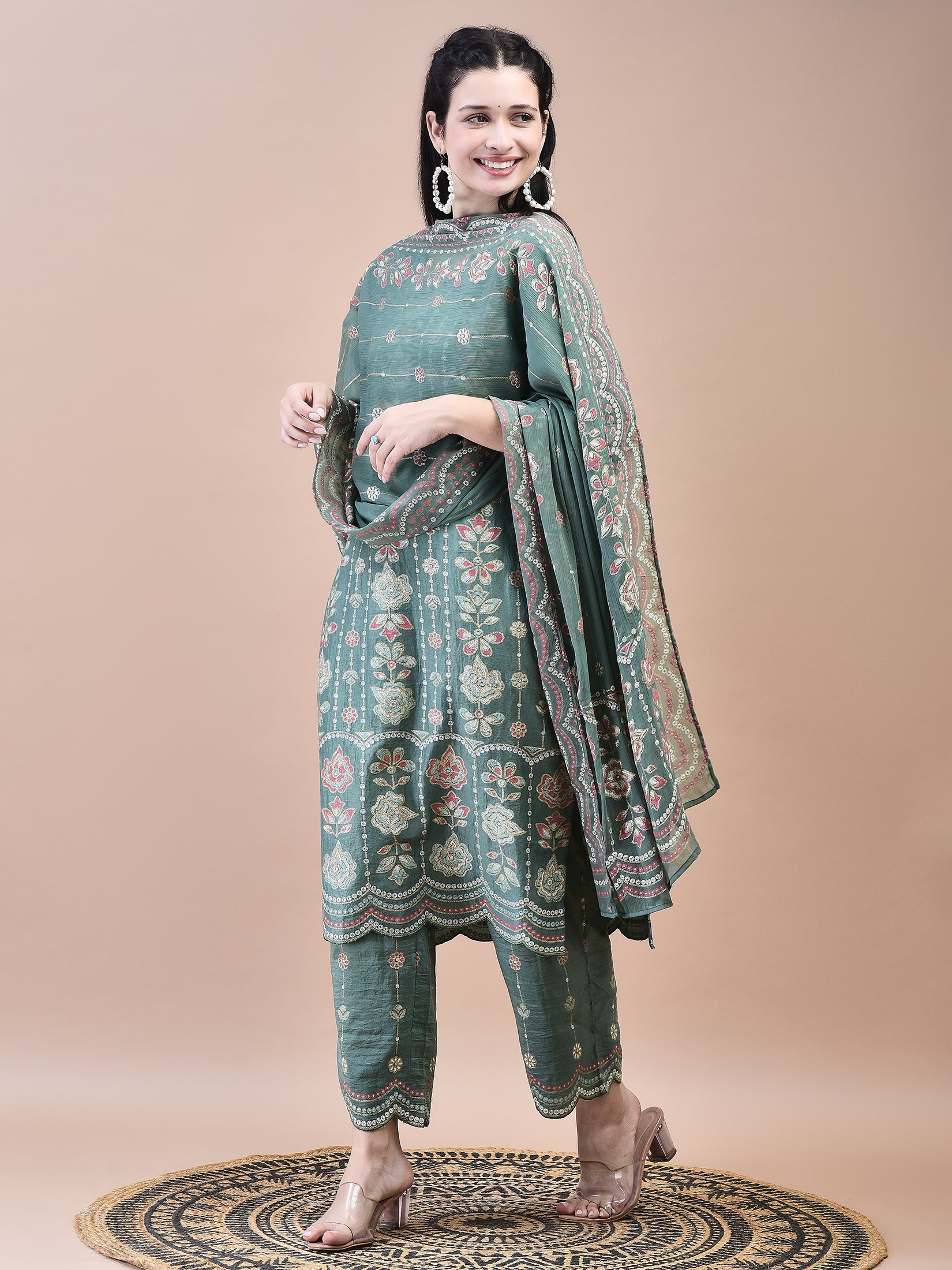 Women Liva Green Floral Print Kurta Comfort Pant Dupatta